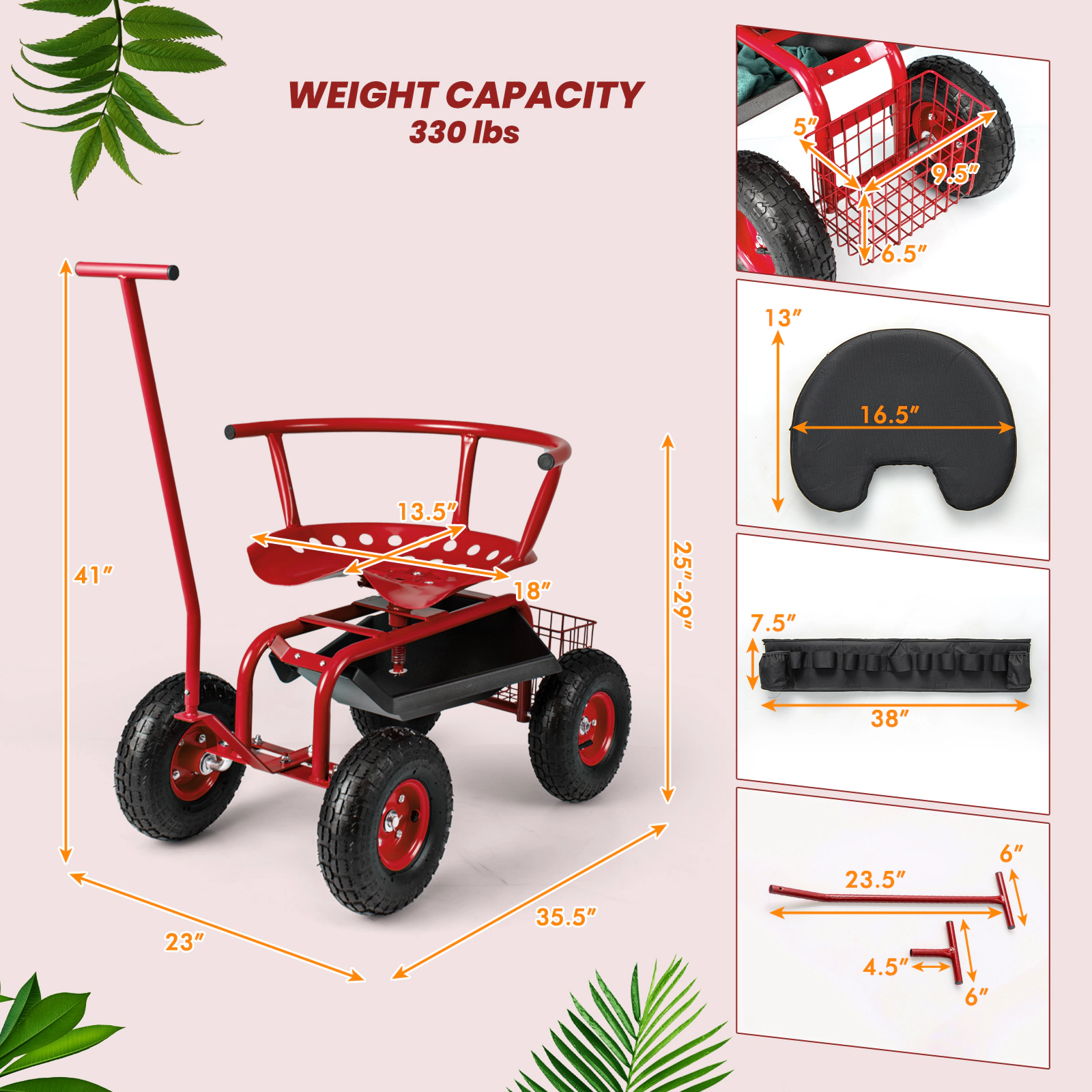 SUGIFT Rolling Garden Cart Red with Height Adjustable Swivel Seat Tool Tray and Basket