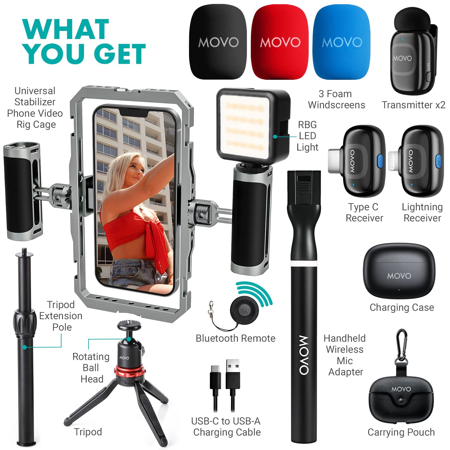 Movo iFilmer-PRO Smartphone Video Rig Kit – Stabilizer Cage with Dual Grips, Wireless Lavalier Microphones and Tripod