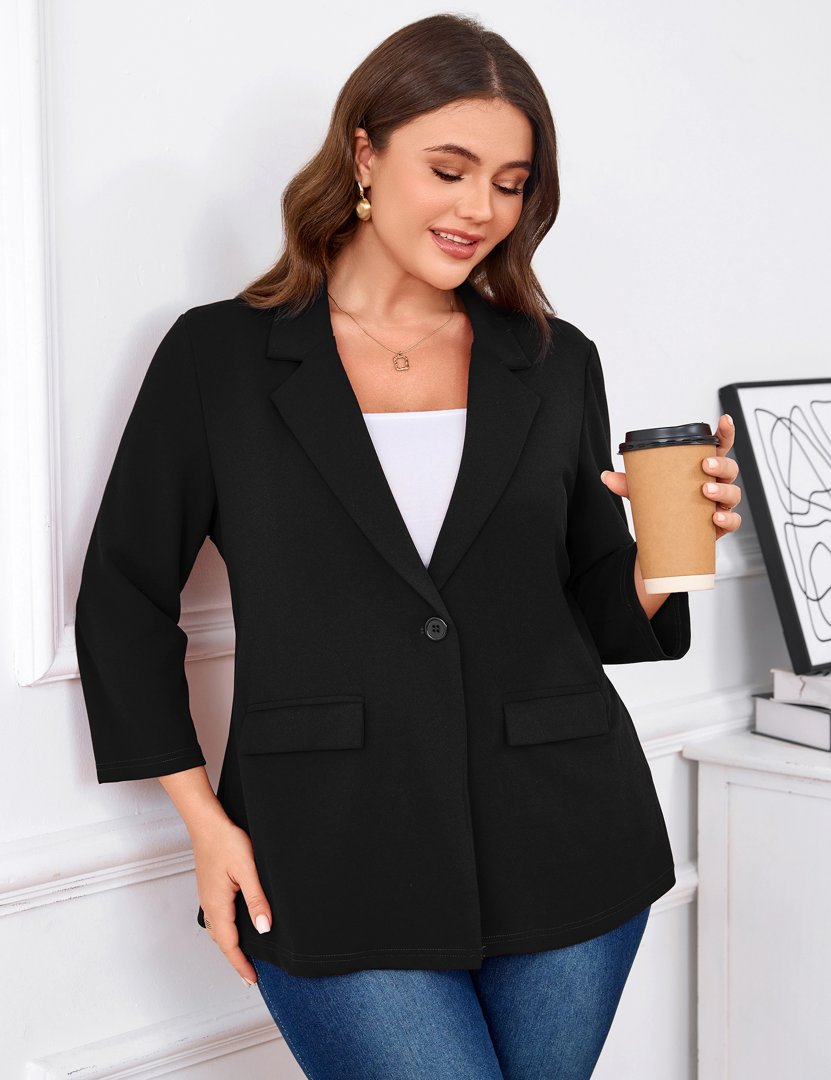 KOJOOIN Women's Plus Blazer 3/4 Sleeve One Button Business Casual Work Suit Jacket Cardigan