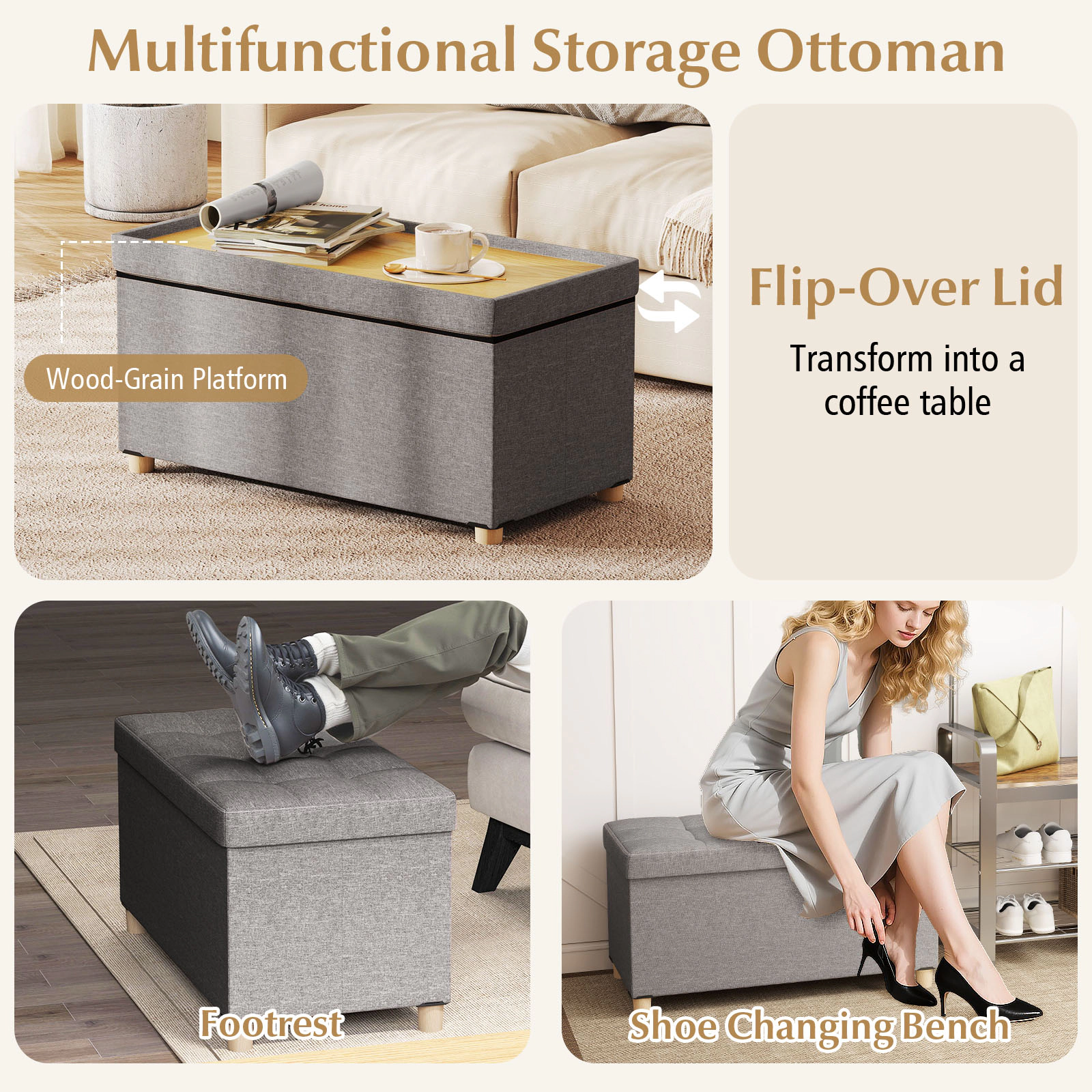 Glintex 30-Inch Storage Ottoman Bench with Flip-Over Wood-Grain Lid, Gray