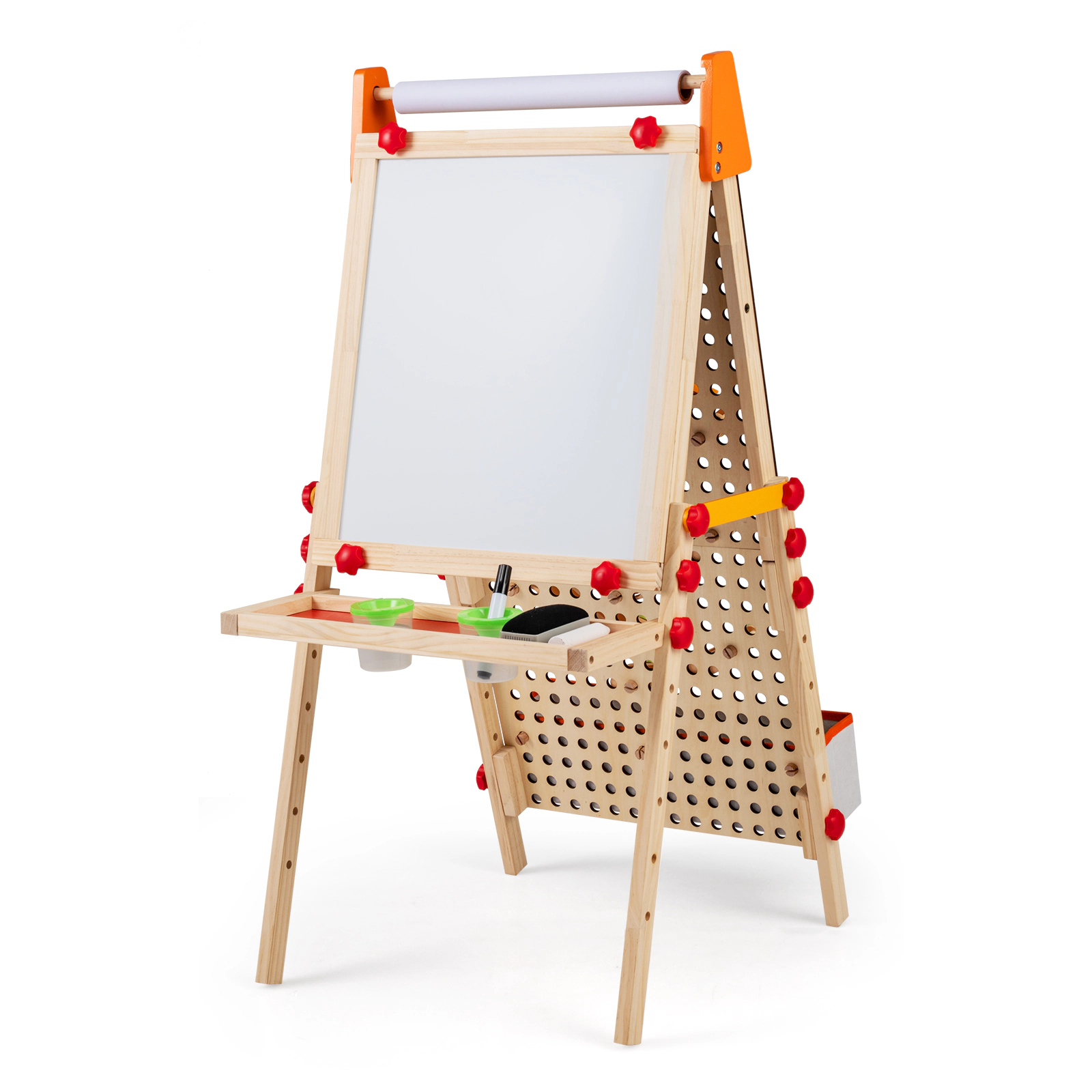 SUGIFT 4-in-1 Wooden Kids Art Easel Double-Sided Foldable with Paper Roll Storage Tray and Marble Run Ages 3+ Natural
