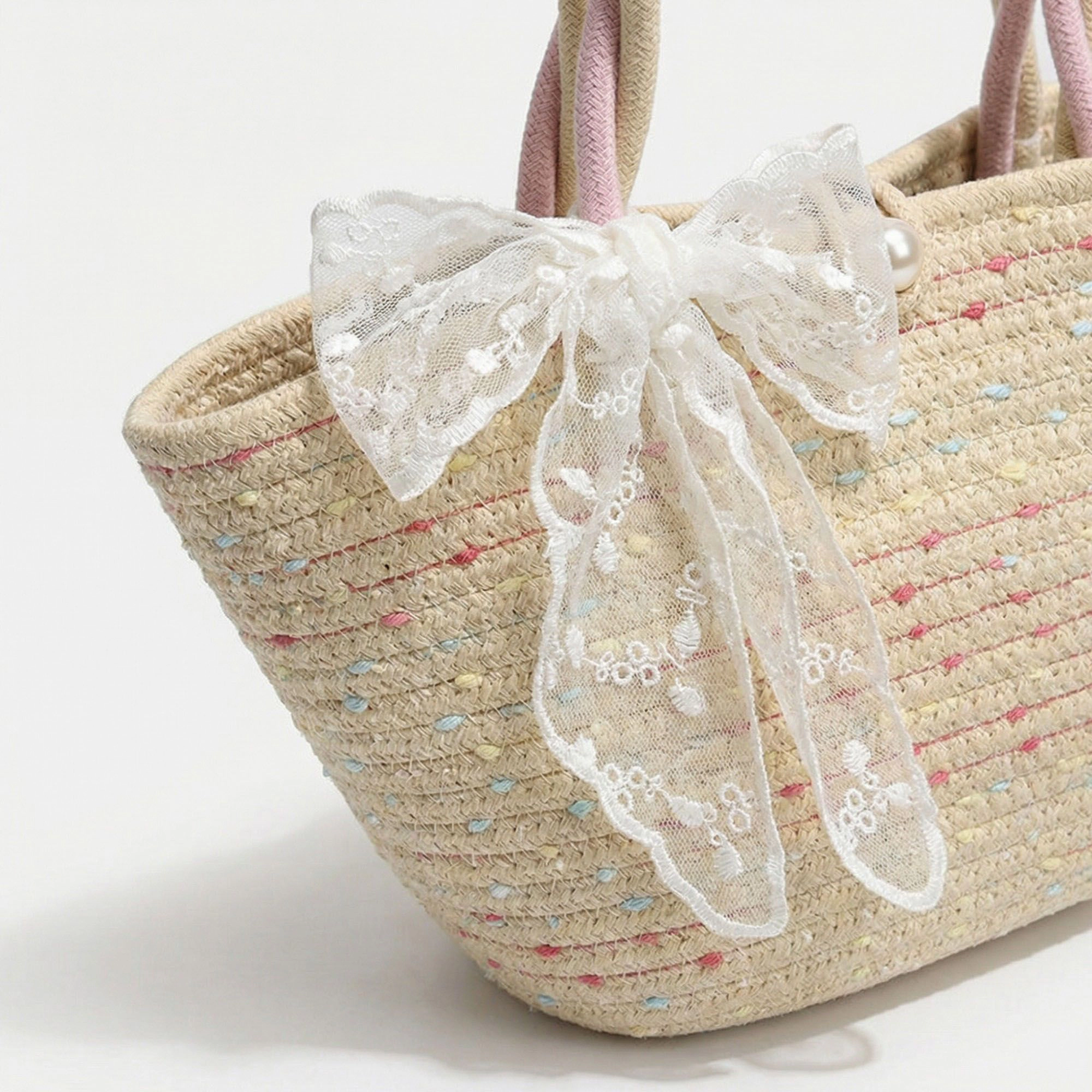 Alilang Women's Woven Straw Handbag with Lace Bow Accent Dual Top Handles and Structured Mini Tote Design