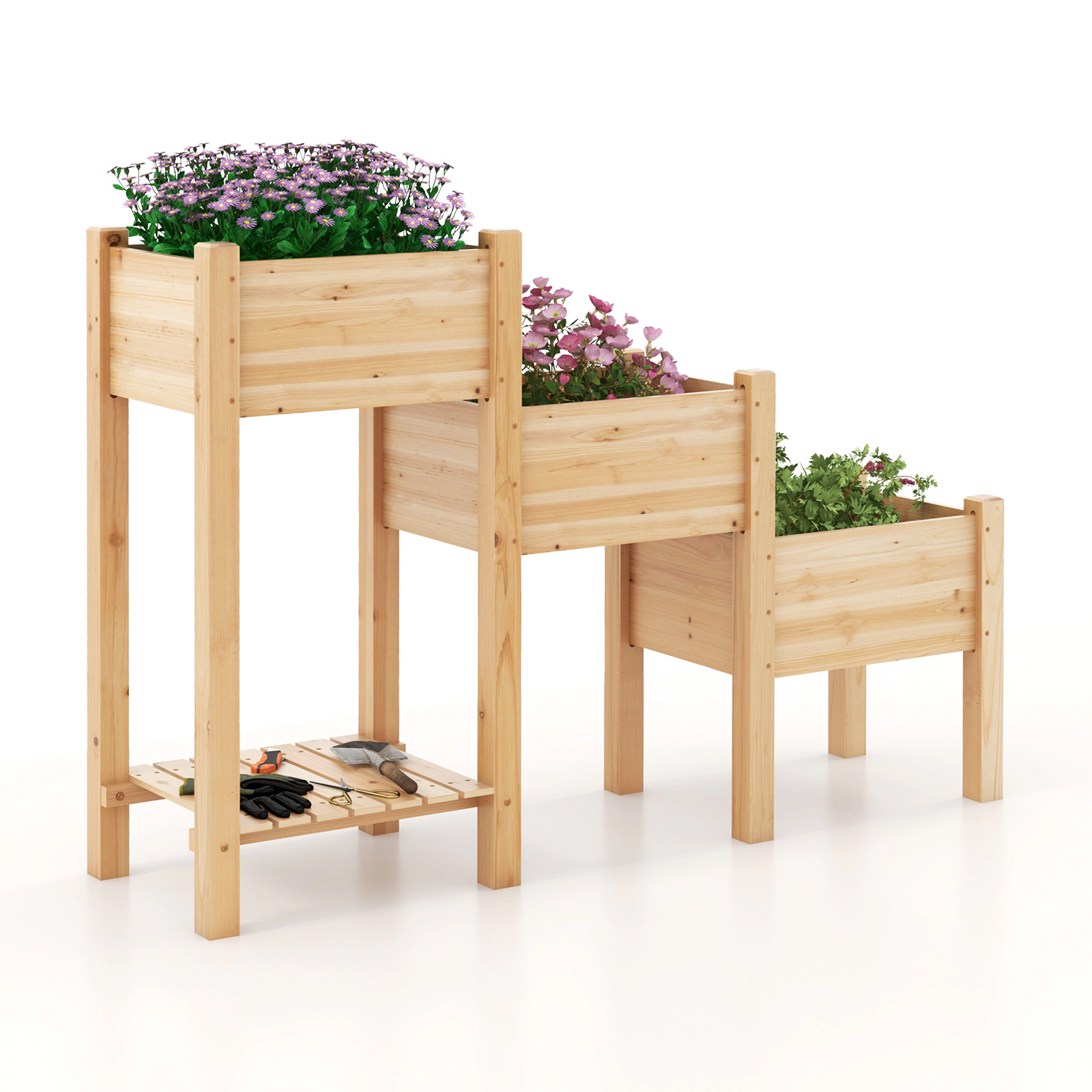 SlickBlue 3-Tier Wooden Planter with Bottom Storage Shelf