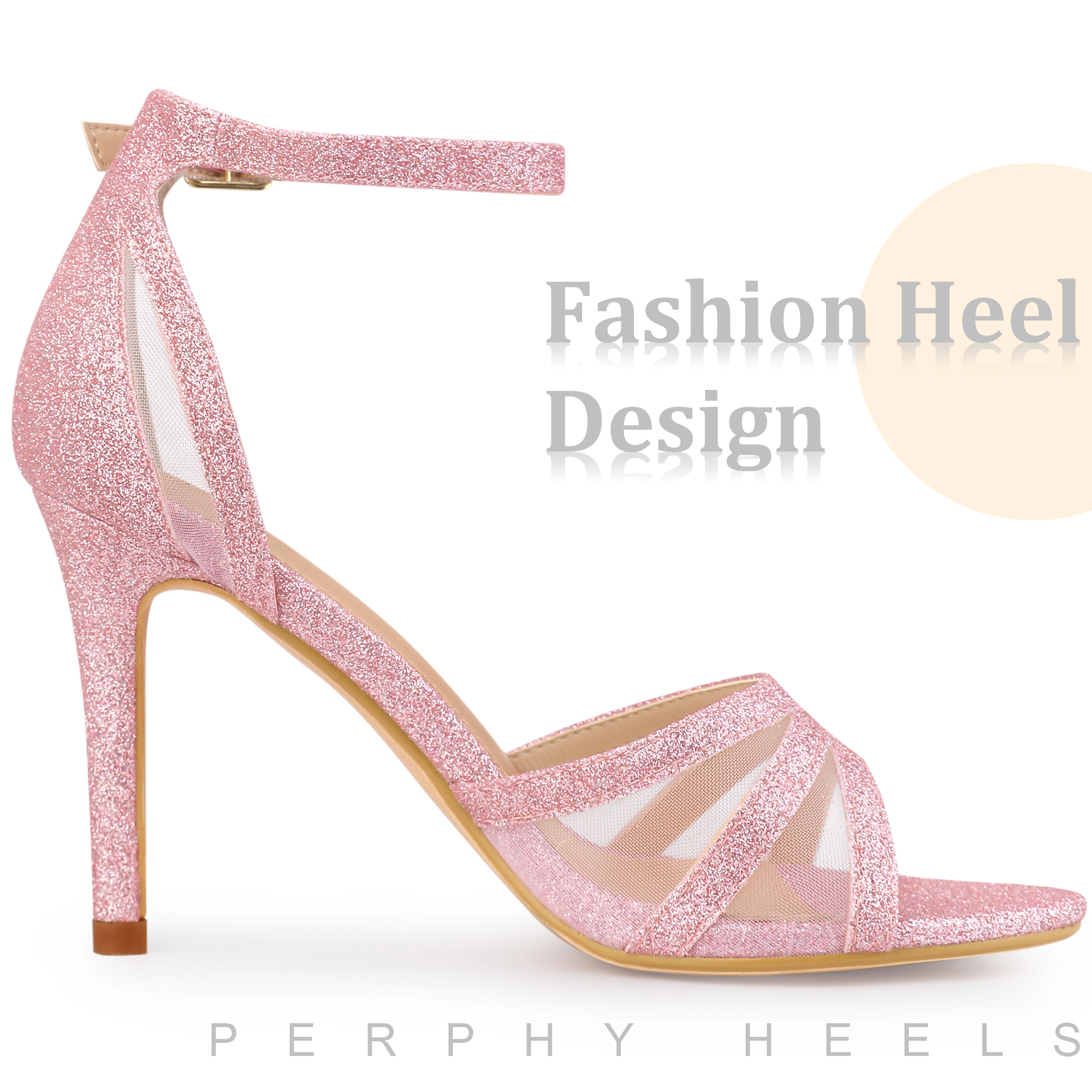 BLISSFUL STEP Women's Glitter Mesh Open Toe Stiletto Heel Ankle Strap Party Sandals