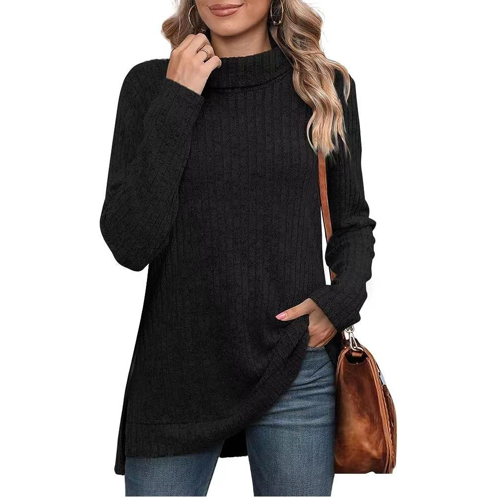 KOJOOIN Women's Turtleneck Tunic Sweater Ribbed Knit Long Sleeve Side Slit Shirts Fall Winter Tops
