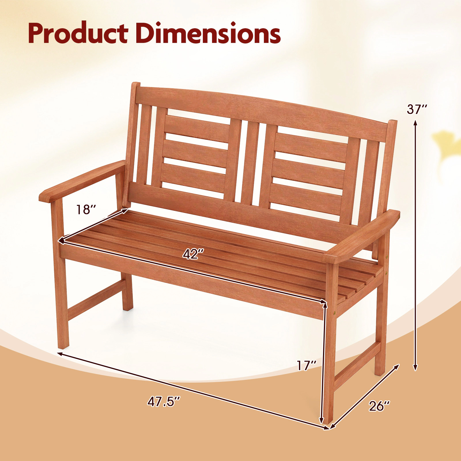 SUGIFT 47.5 in Outdoor Loveseat Teak Finish Hardwood 2-Seat Bench with Inclined Backrest