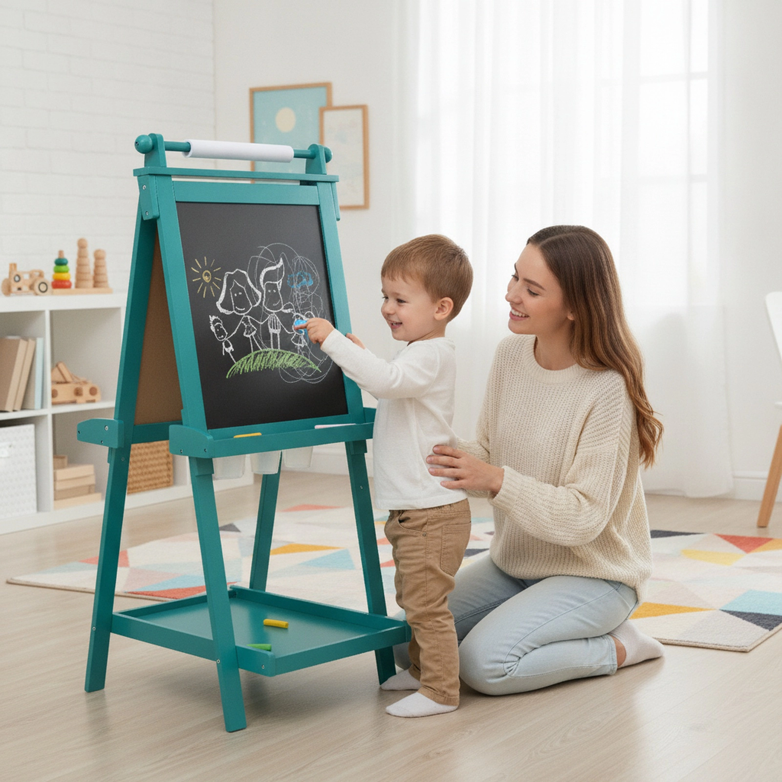 3-in-1 Double-Sided Chalkboard Easel for Kids Easy-Erase Magnetic Whiteboard 16.4-ft Replaceable Paper Roll Green