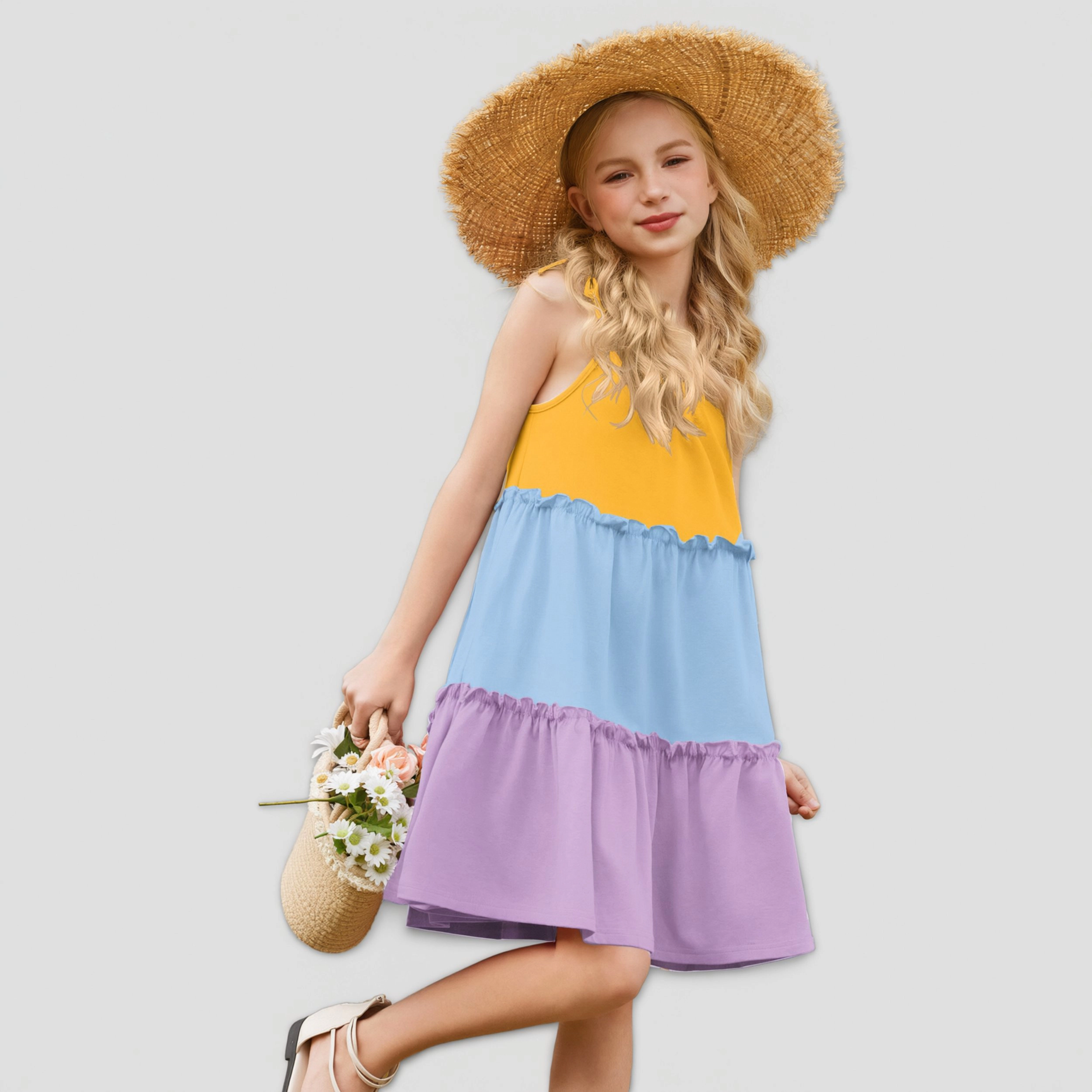 Arshiner Girl Summer Dresses A-Line Swing Flowy Ruffle Tiered Sundress with Pockets