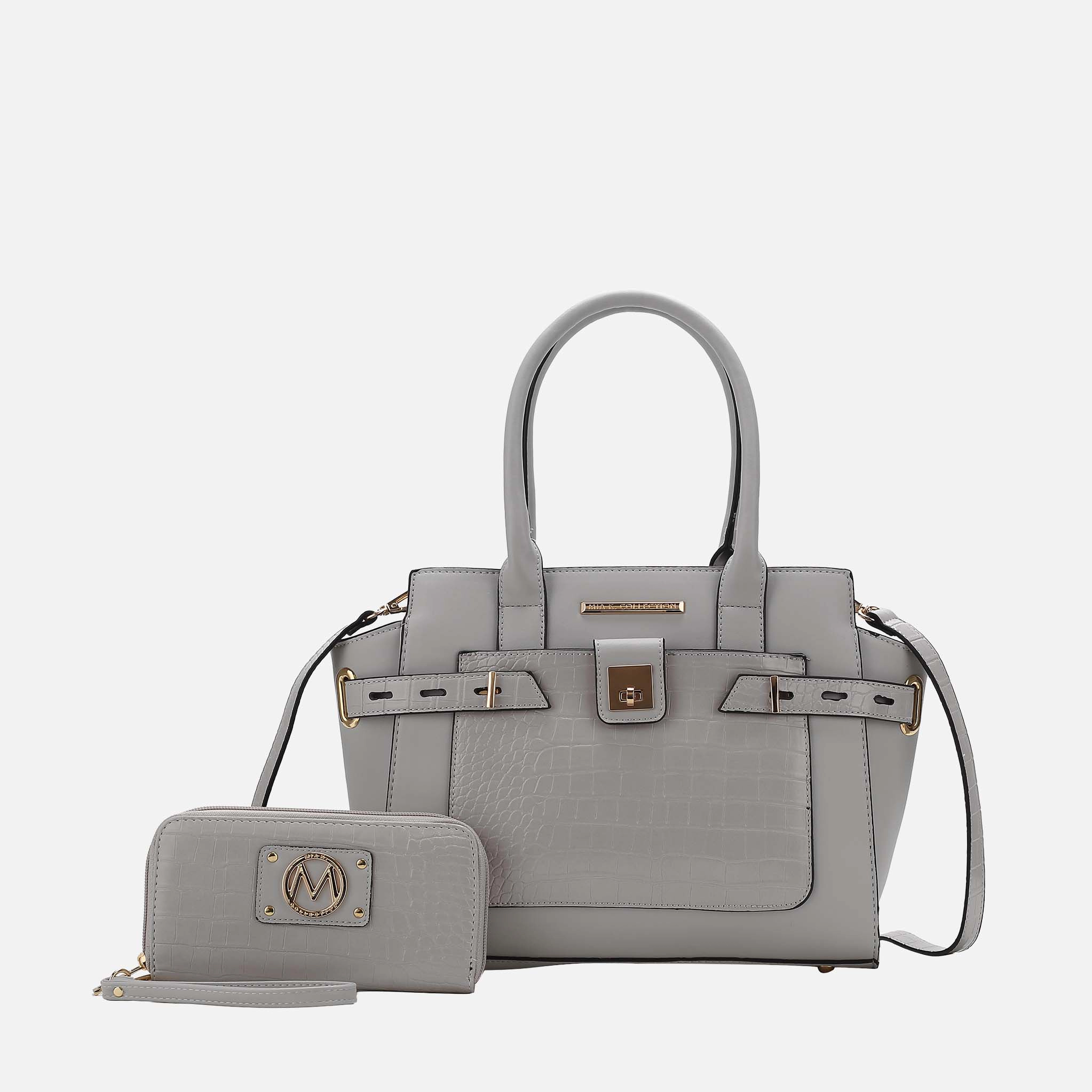 Mia K Collection Isla Satchel Bag - Vegan Leather Satchel with Croc-Embossed Detail and Matching Wallet