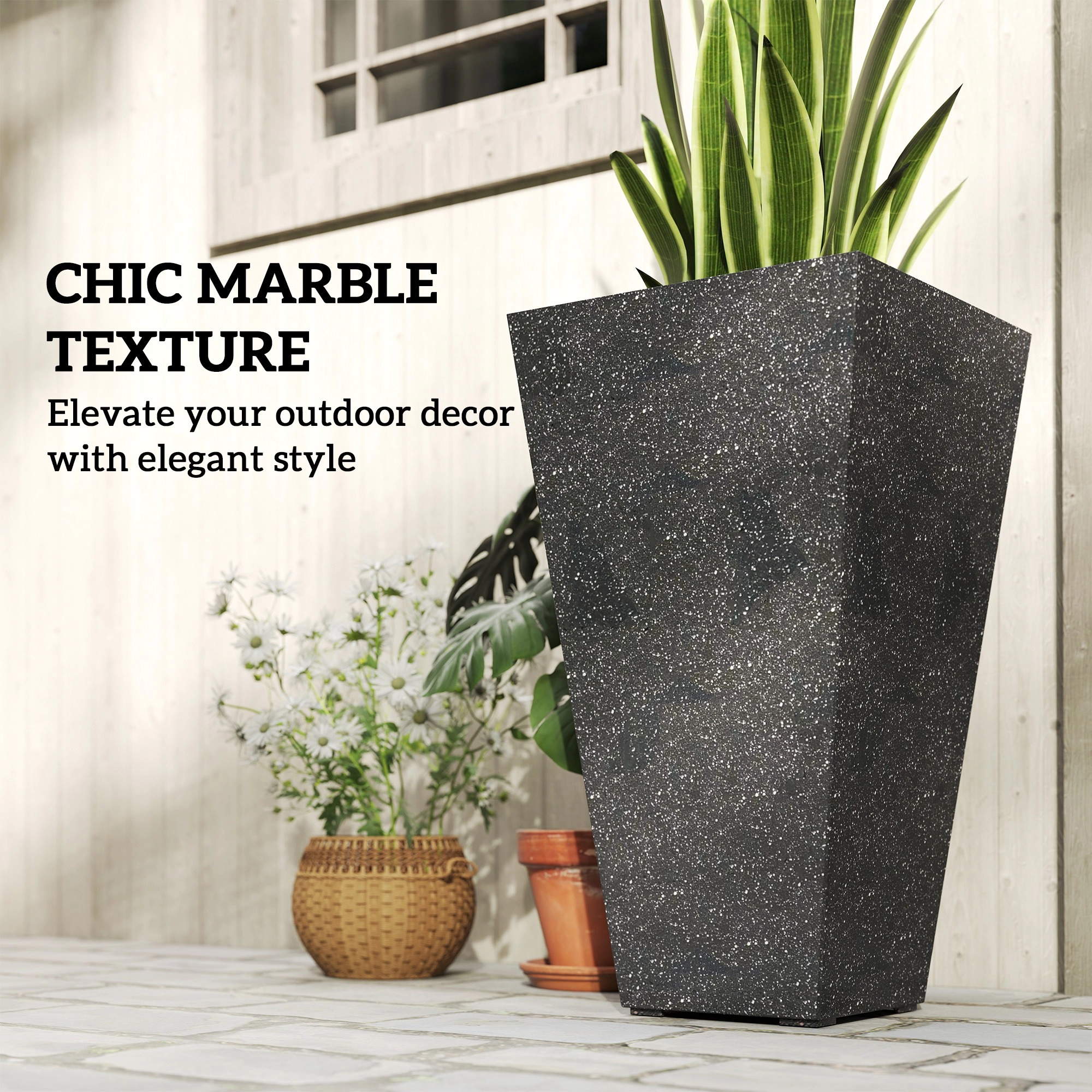 HONGGE 28" Tall Planters Set of 3 Plastic Flower Pots with Marble Finish and Drainage Holes Stackable Taper