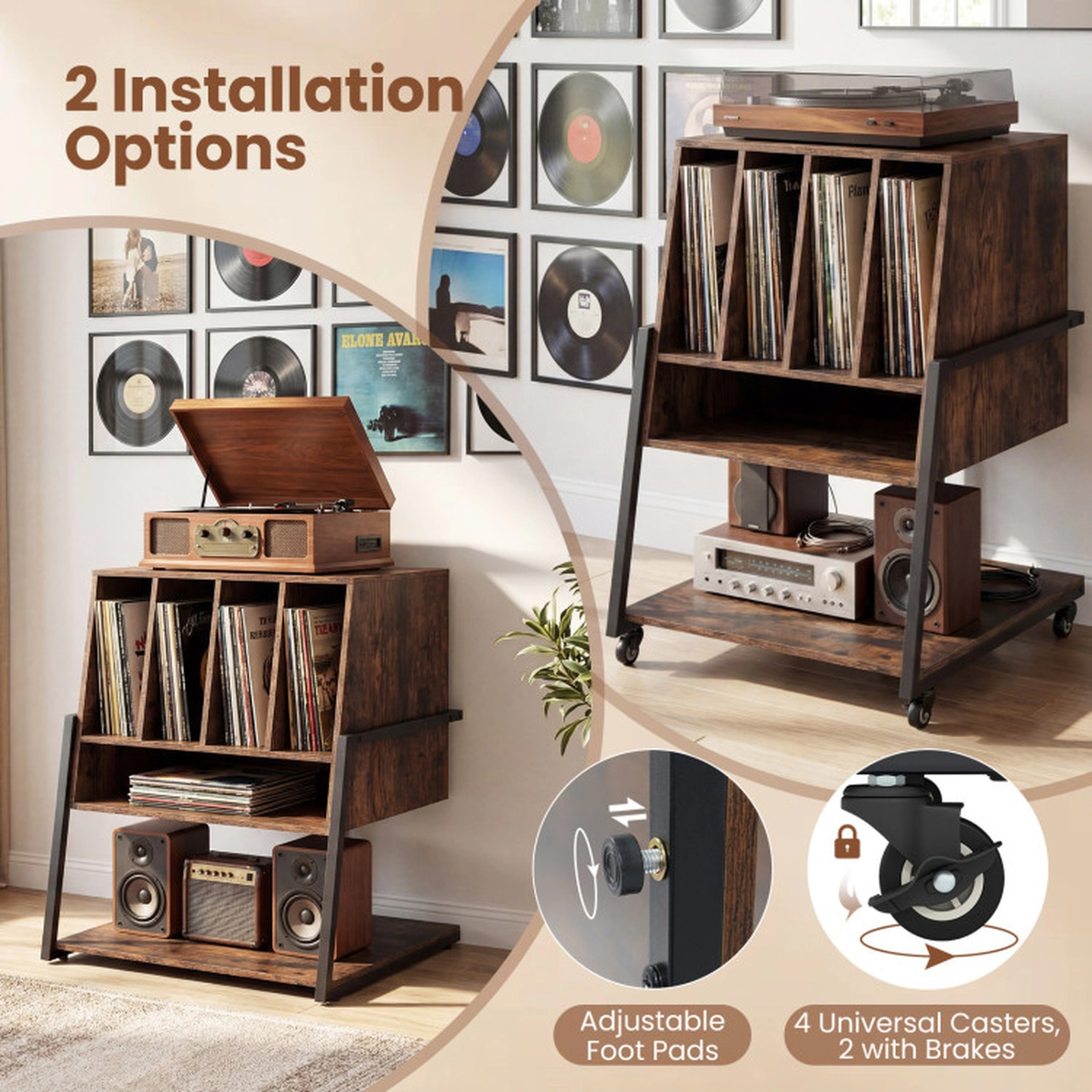 SUGIFT Rustic Brown Rolling Turntable Stand with Vinyl Storage, Power Outlets and USB Charging