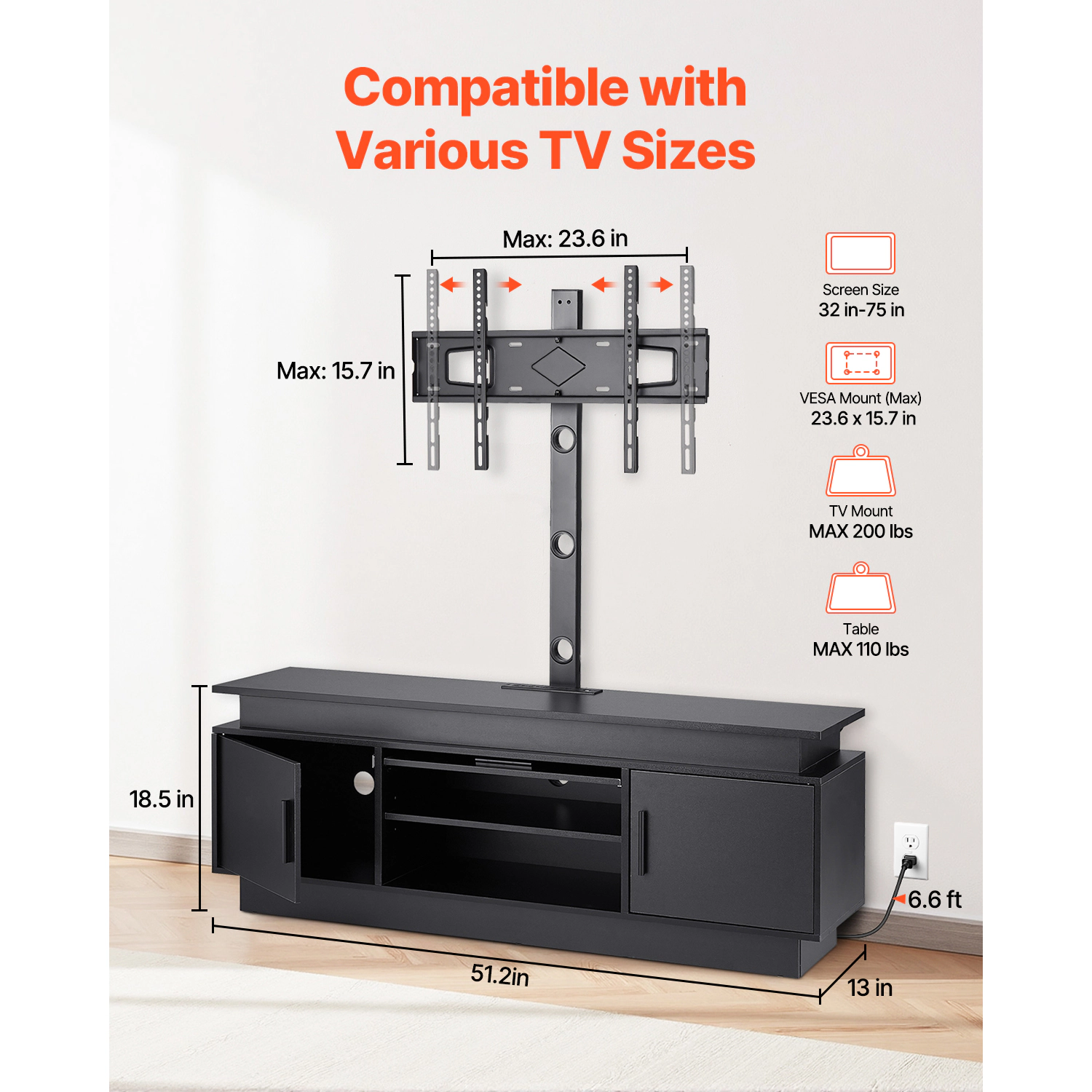 HONGGE TV Stand with Mount for up to 75 in TVs Entertainment Center with Power Outlet & LED Lights Height Adjustable TV