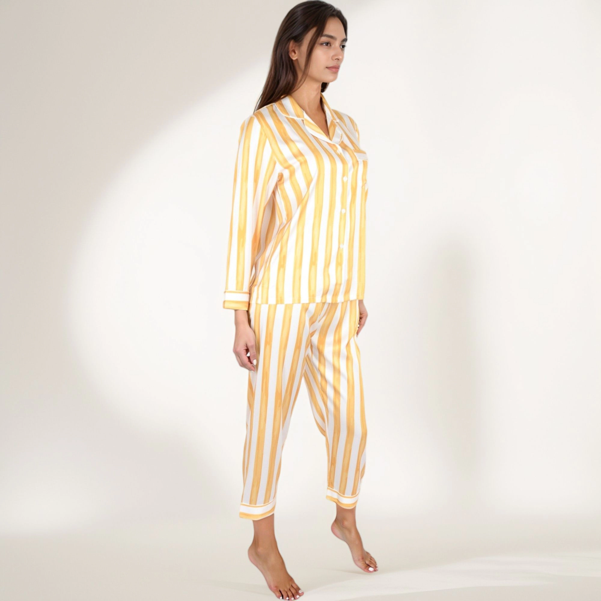 Anna-Kaci Women's Striped Satin Pajama Set with Long Sleeve Button Top and Cropped Pants