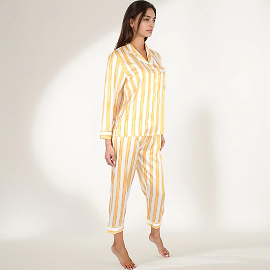 Anna-Kaci Women's Striped Satin Pajama Set with Long Sleeve Button Top and Cropped Pants