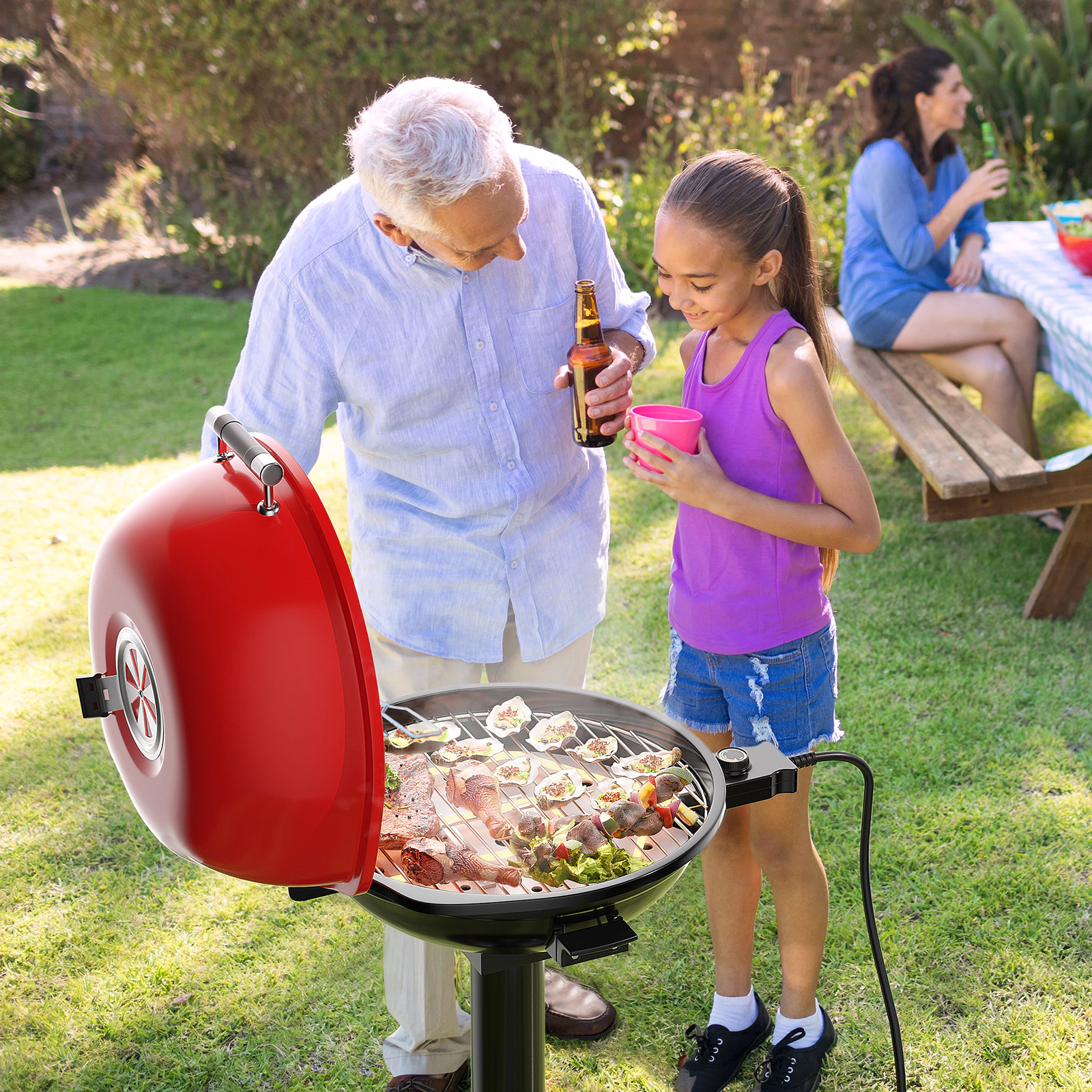 SUGIFT 1600-W Black and Red Portable Electric BBQ Grill with Removable Non-Stick Rack and Oil Drawer
