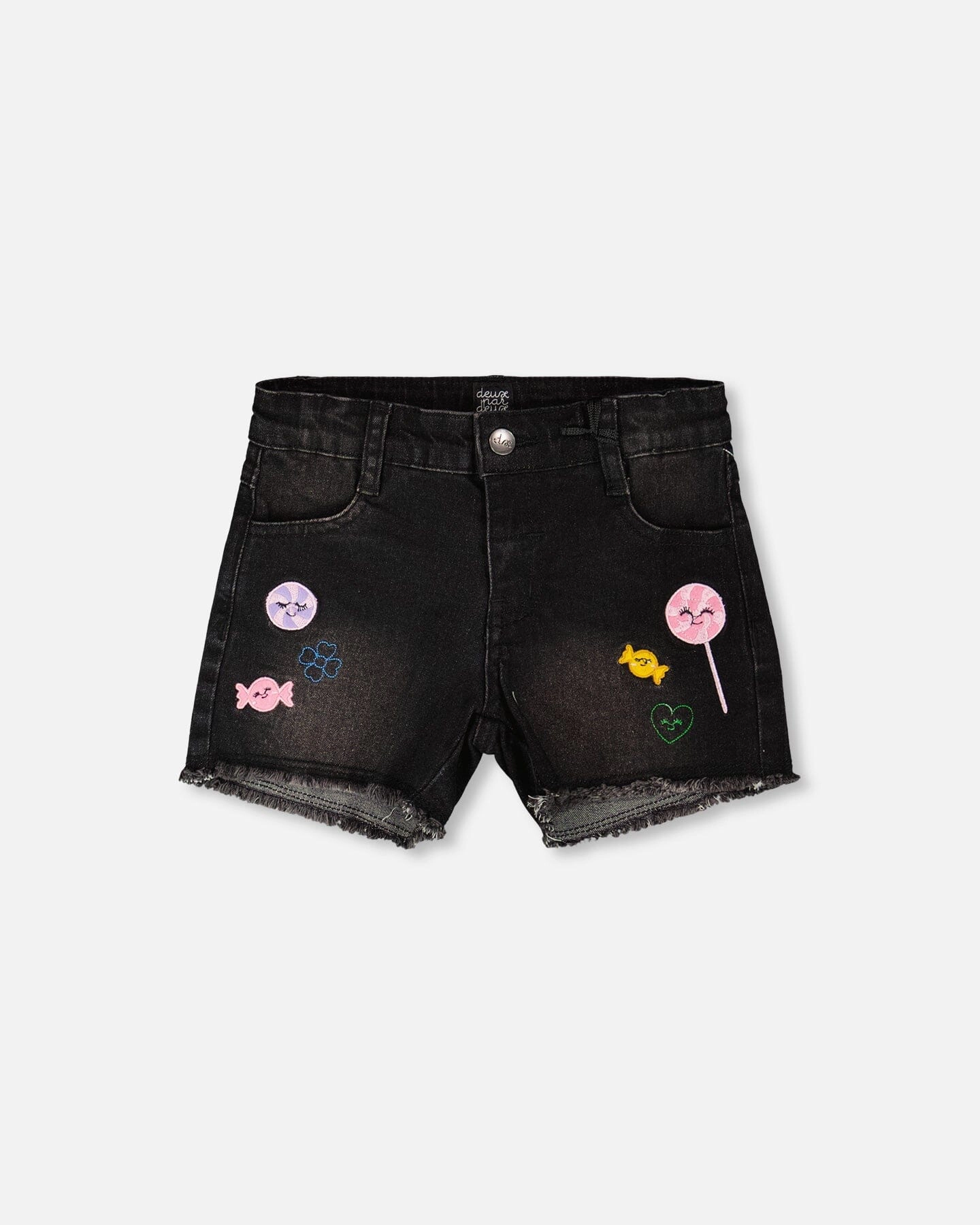 Deux par Girls Denim Zip Front Embroidered Shorts