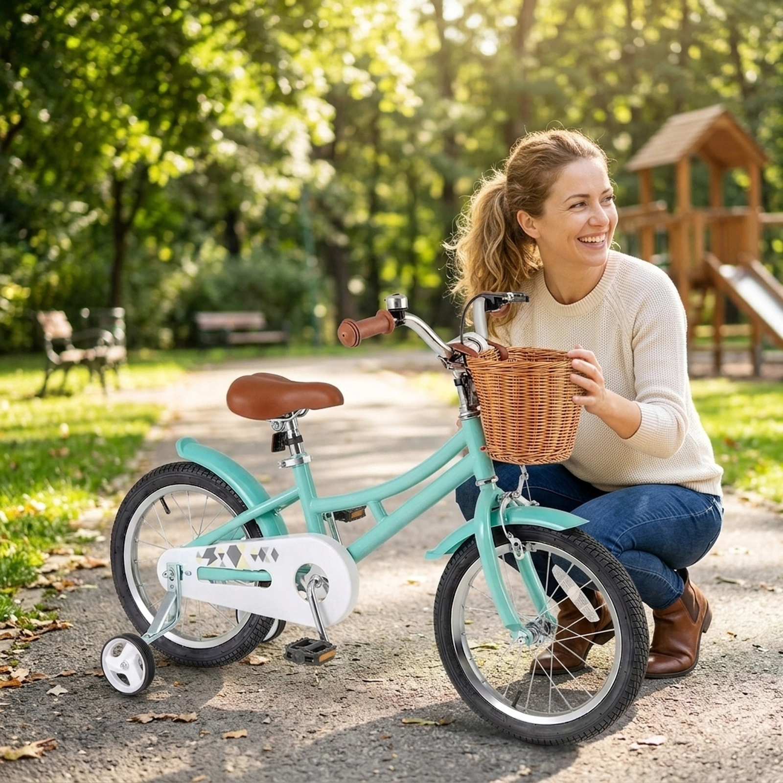 16-in Kids Bike 21-in to 23.5-in Inseam Training Wheels Hand/Coaster Brakes Storage Basket Bell Ages 4-7 Green