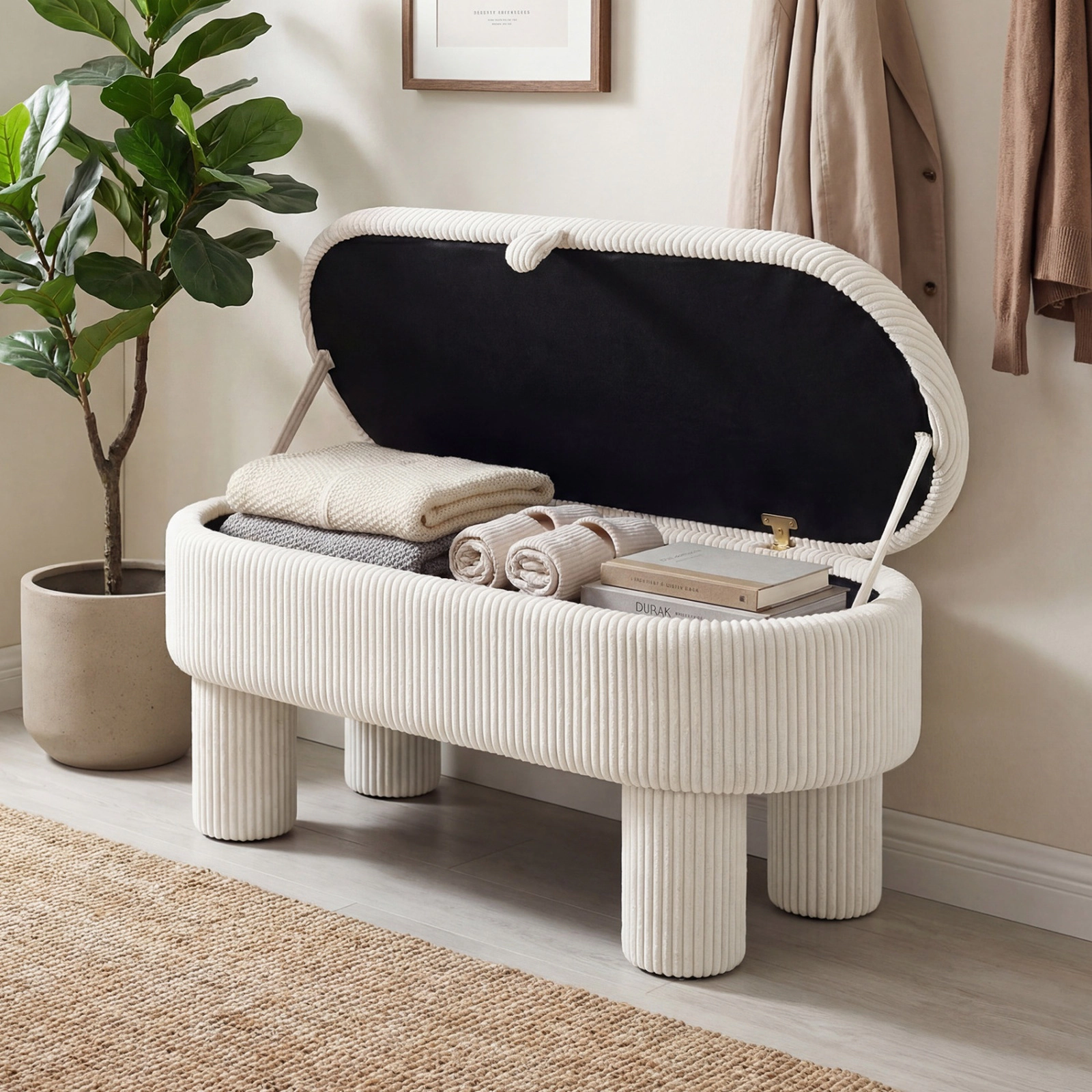 SUGIFT 42-in Corduroy Upholstered Storage Ottoman Bench Hidden Compartment 400-lb Seat Capacity 110-lb Compartment