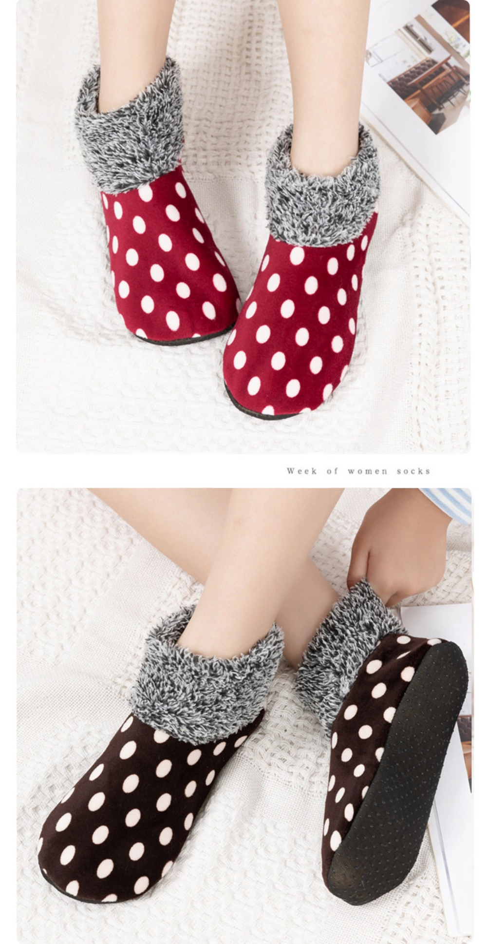 Wardrobe Whimsy Fleece Lined Polka Dot Non Slip Winter Floor Socks for Women