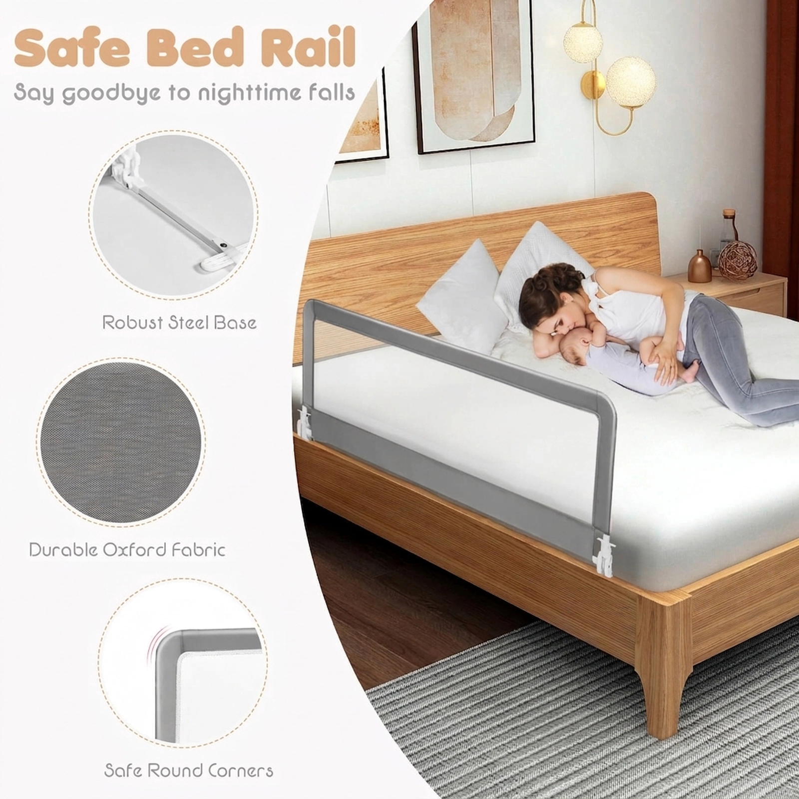 SUGIFT 59-in Folding Breathable Baby Bed Rail Guard with Safety Strap 59 x 16 x 21.5 in Ages 2+ Gray Beige Blue Pink