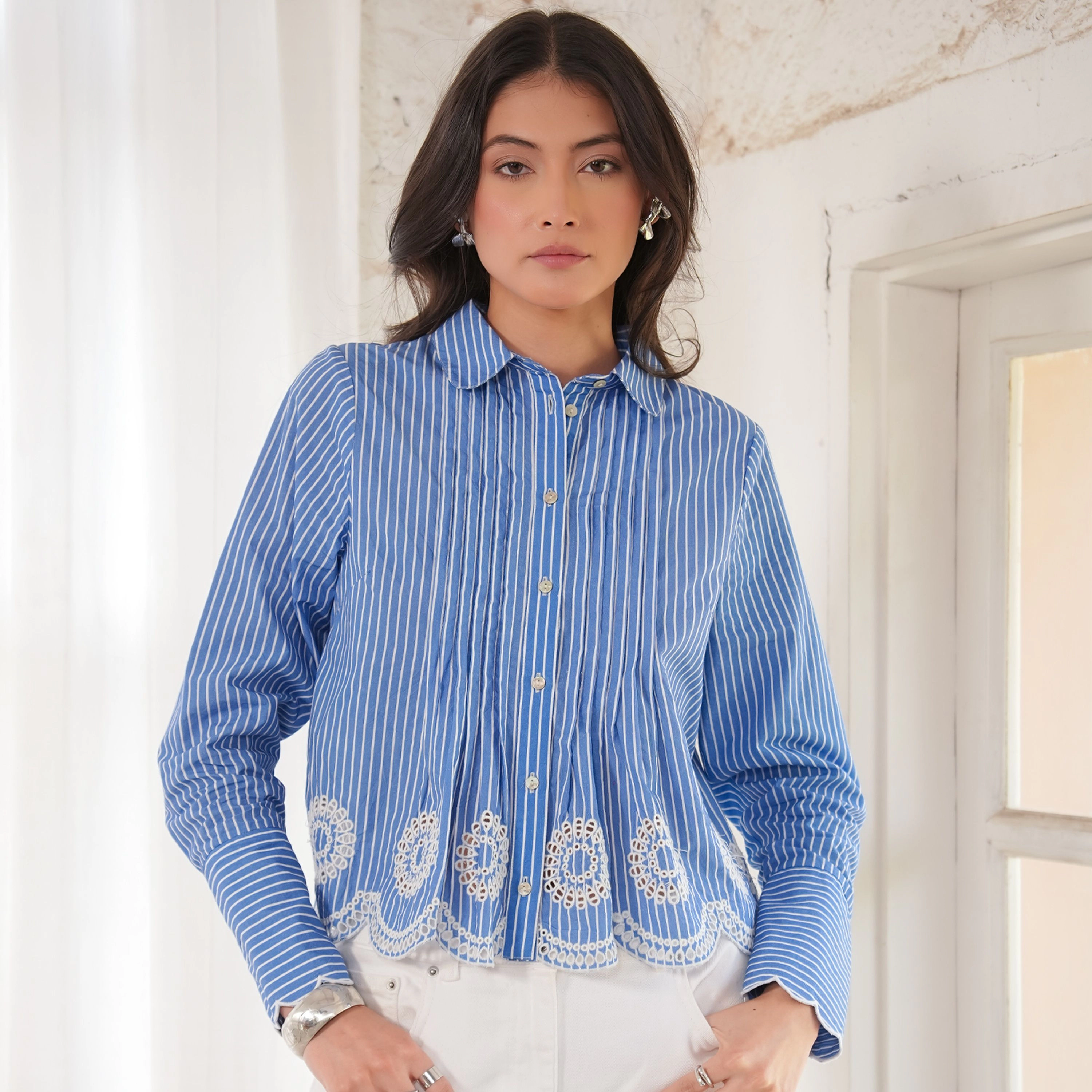 Rose & Nancy Women's Leonie Embroidery Hem Blue Stripe Shirt