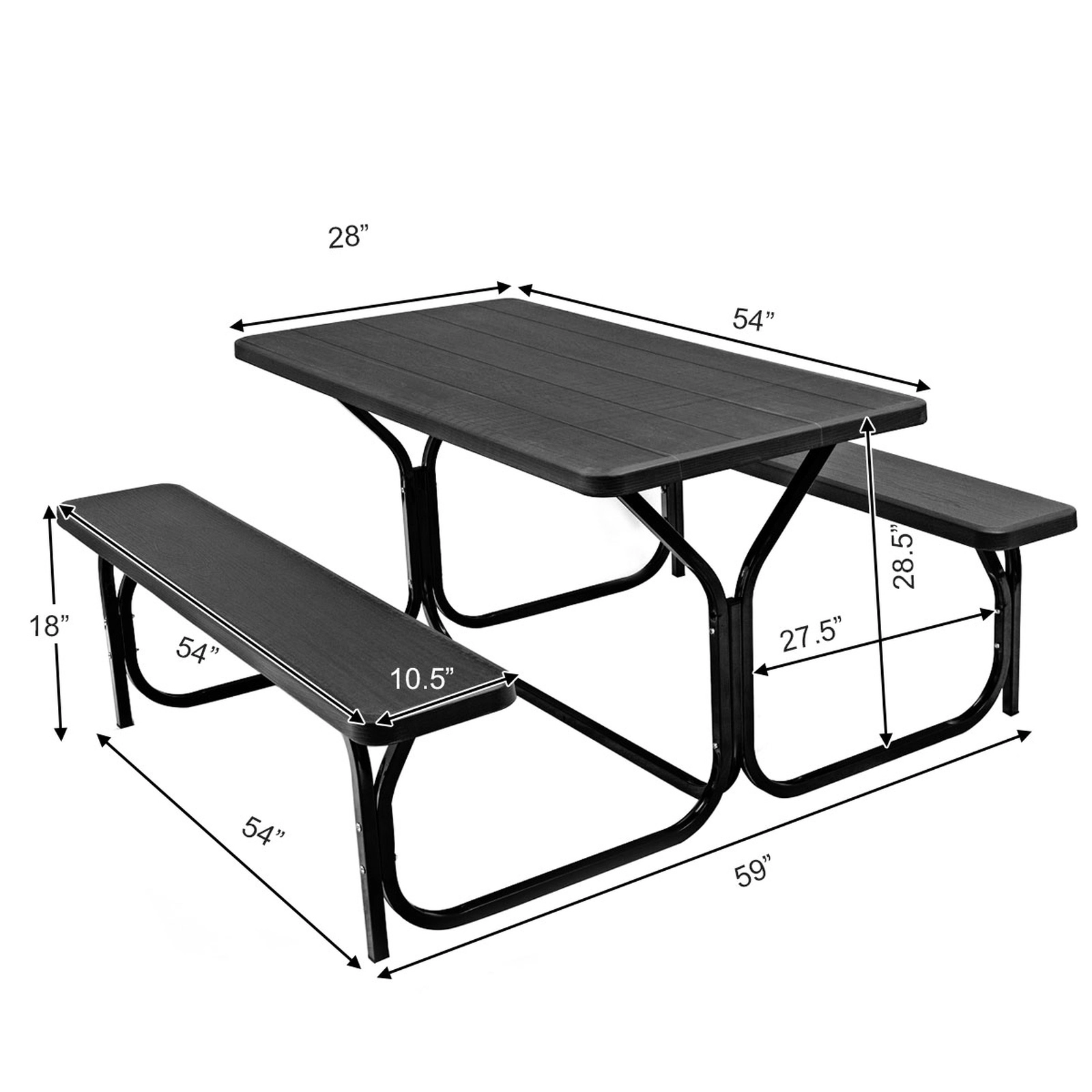 SUGIFT Outdoor Picnic Table Bench Set with Metal Base 330-lb Table Capacity 440-lb Bench Capacity Black