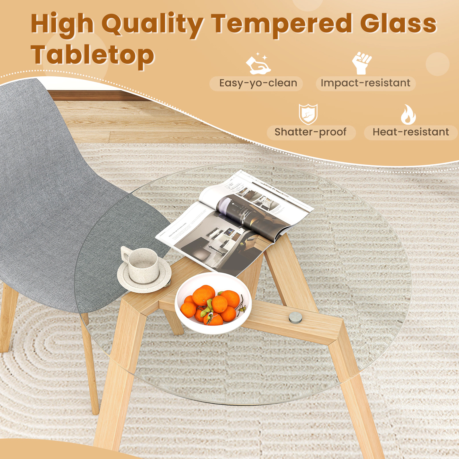 SUGIFT 36-Inch Round Glass Dining Table for 4, Tempered Glass Top, Rubber Wood Frame