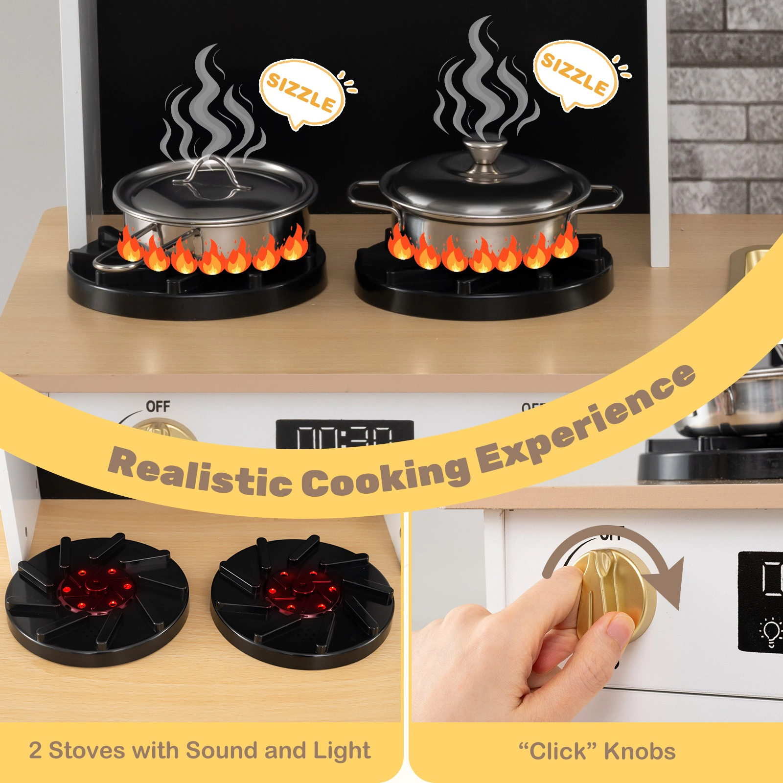 SUGIFT Kids Wooden Kitchen Playset with 2 Stoves Sound Light Ages 3+ Years White and Natural with Fabric Drawers