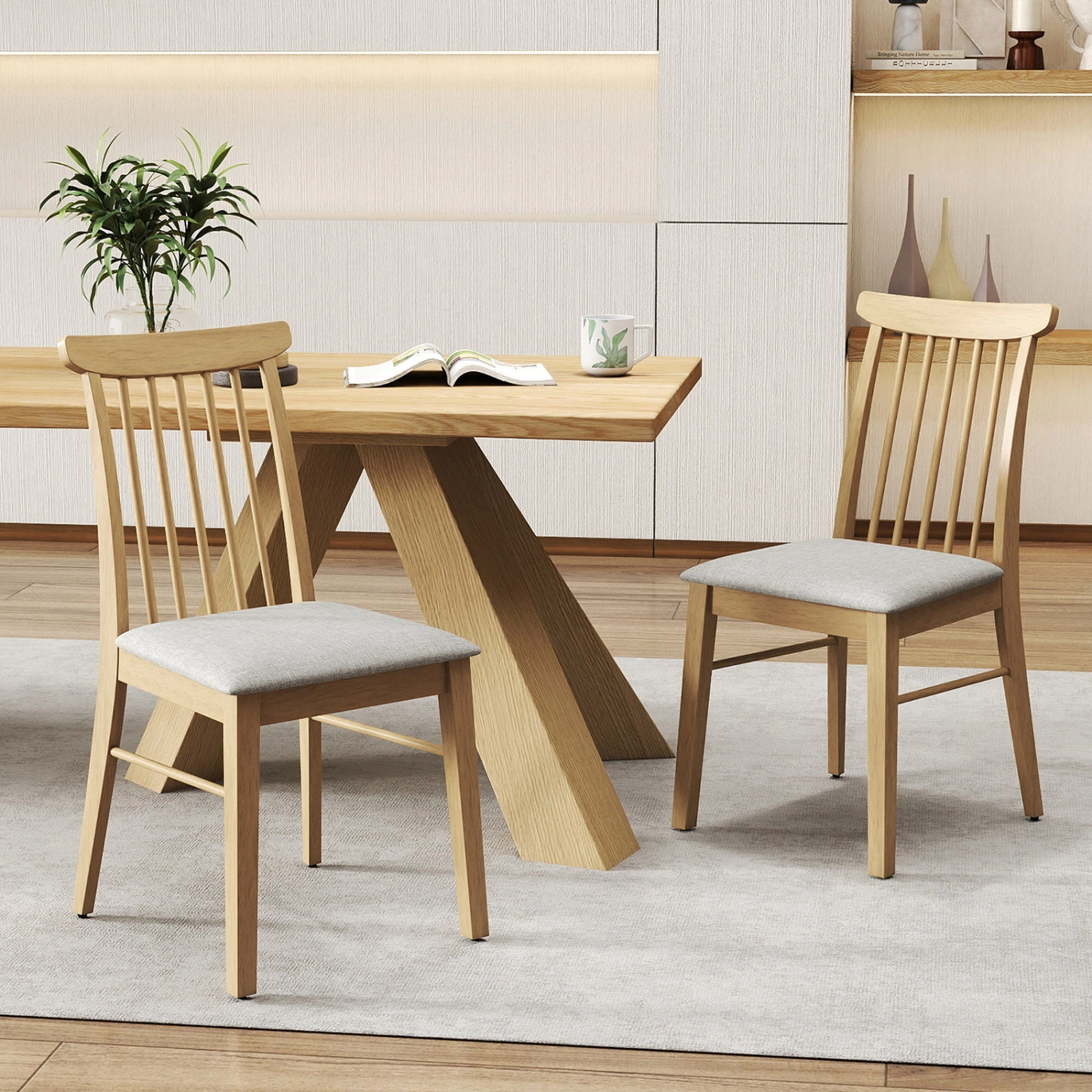 SUGIFT Set of 4 Farmhouse Dining Chairs, Armless Upholstered Spindle Back, Natural Rubber Wood