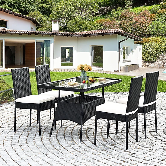 Hivvago 5 Pieces Rattan Dining Set With Glass Table And High Back Chair