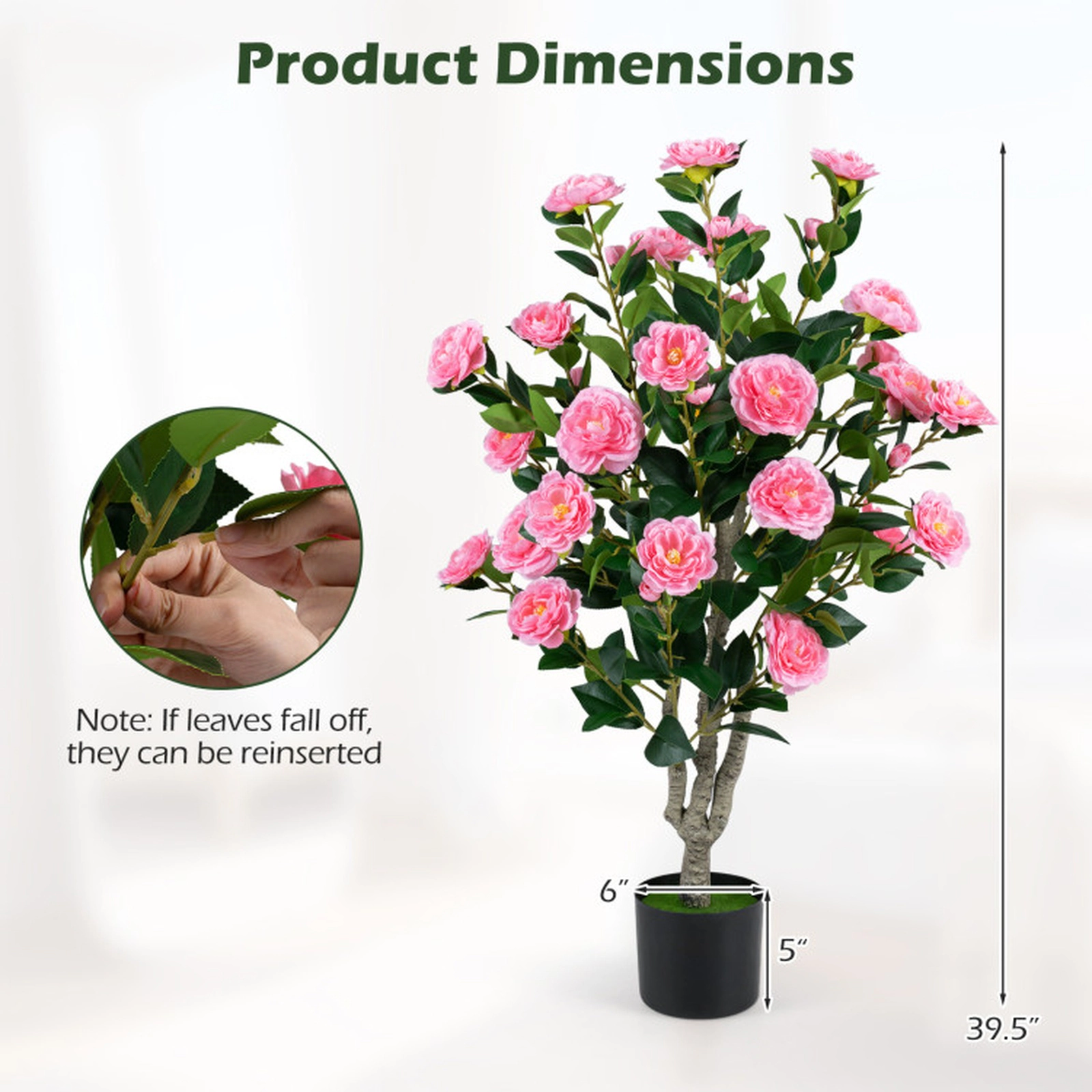 SUGIFT 39.5-in Cement-Filled Pot Silk Blossoms PE Trunk Artificial Camellia Tree 6-in x 5-in Pot 6.5-lb Pink