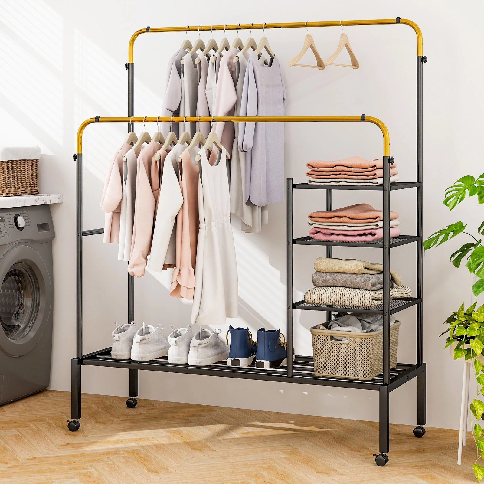 Slickblue Adjustable Garment Rack with Shelves and Wheels