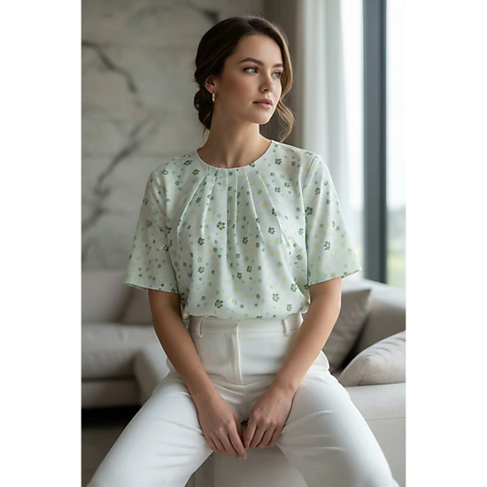 DressAtR Women's Pleated Neck Elbow Sleeve Back Button Opening Blouse