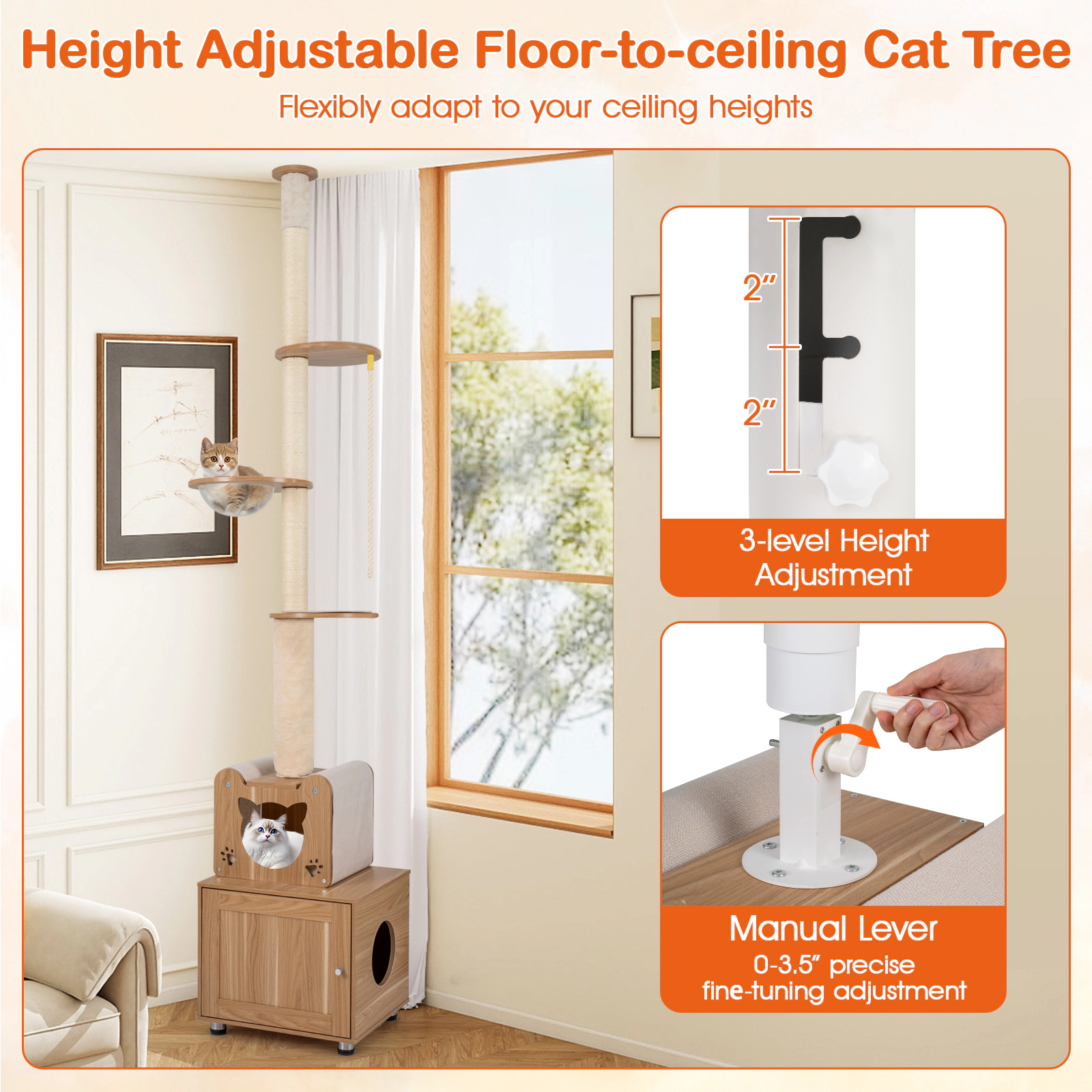SUGIFT Height Adjustable Floor to Ceiling Cat Tree with Litter Box Enclosure 22-lb Capacity Green+Brown
