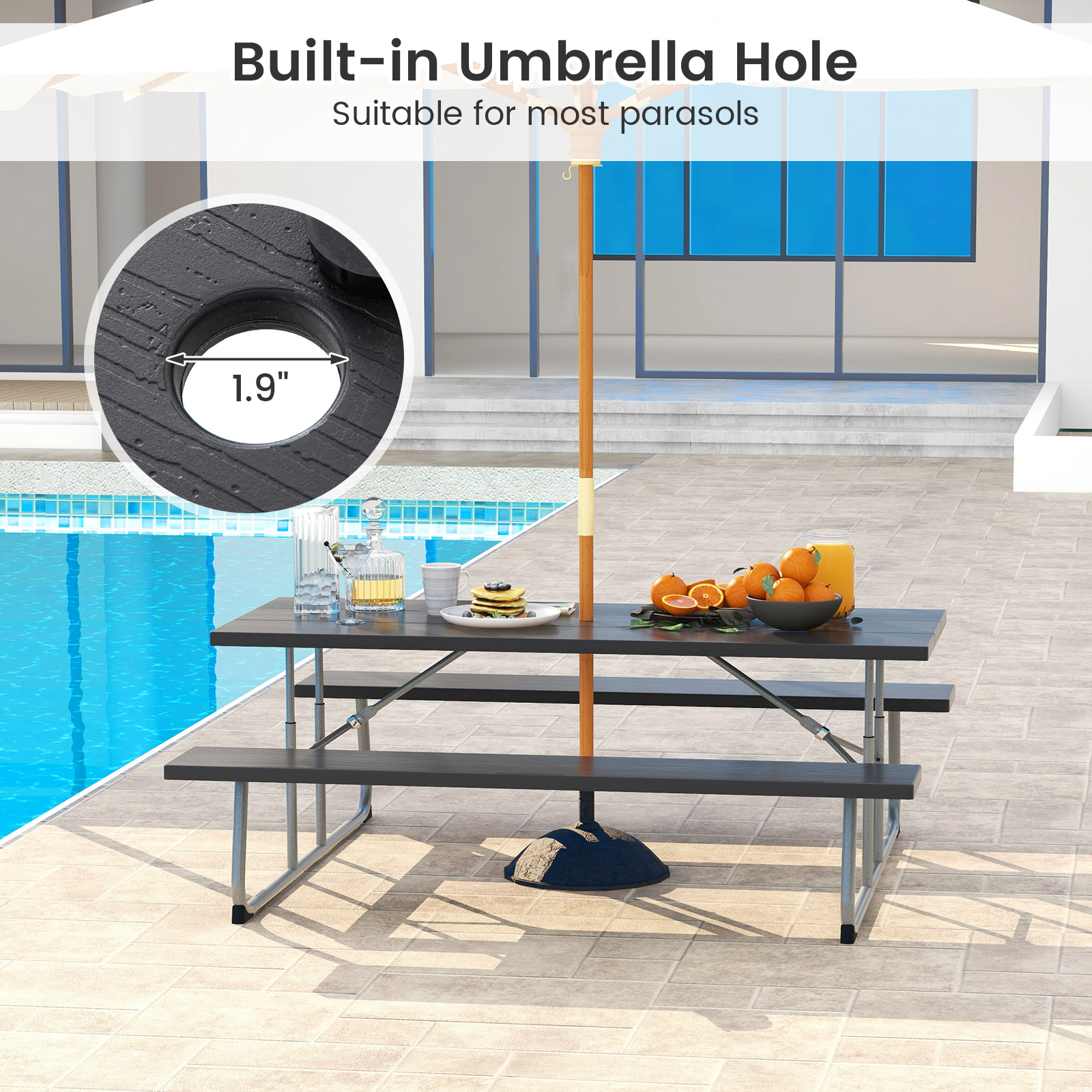 SUGIFT 6-Ft Black Fold-Flat HDPE Picnic Table and Bench Set with Umbrella Hole
