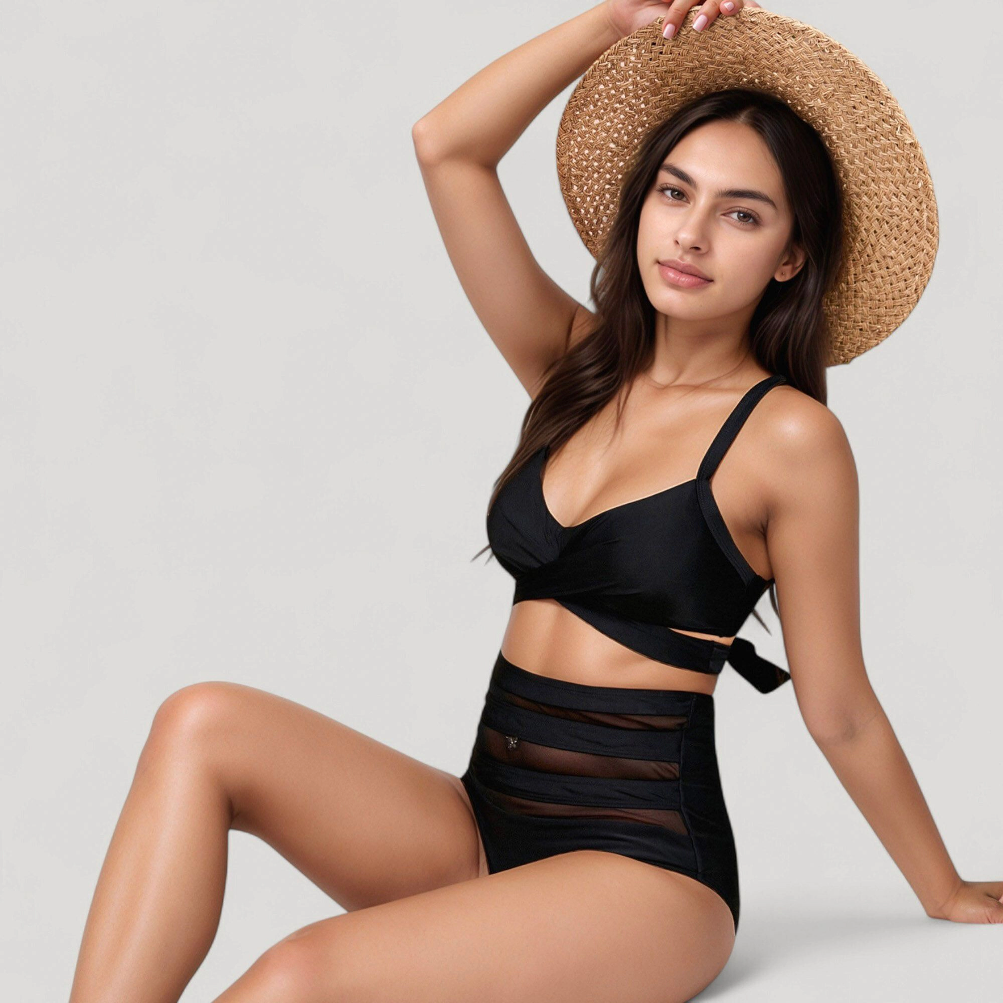 Anna-Kaci Women’s Wrap Bikini Top with Mesh High-Waist Bottom Two-Piece Swimsuit