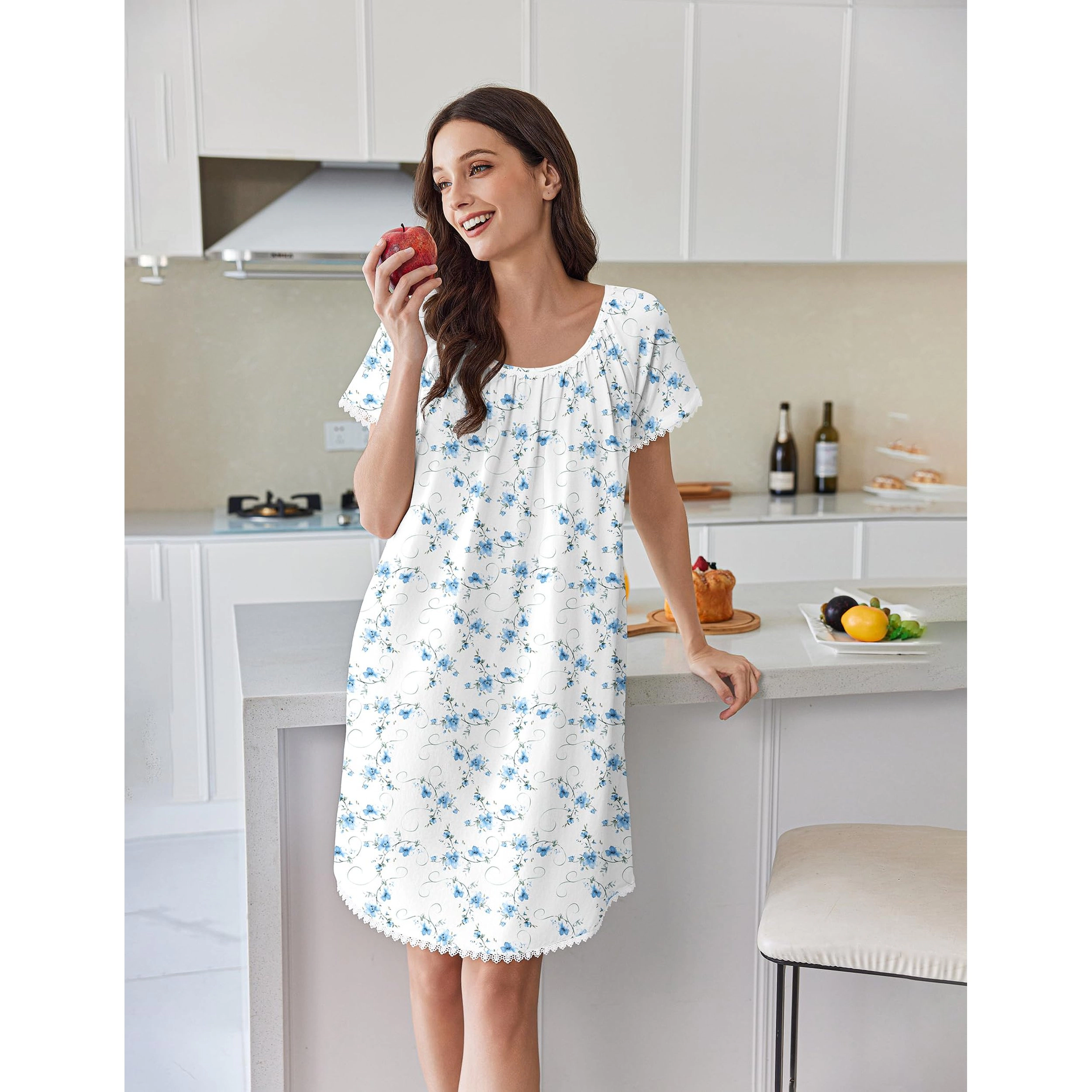 Ekouaer Women's Lace-Trim Short Sleeve Cotton Nightgown