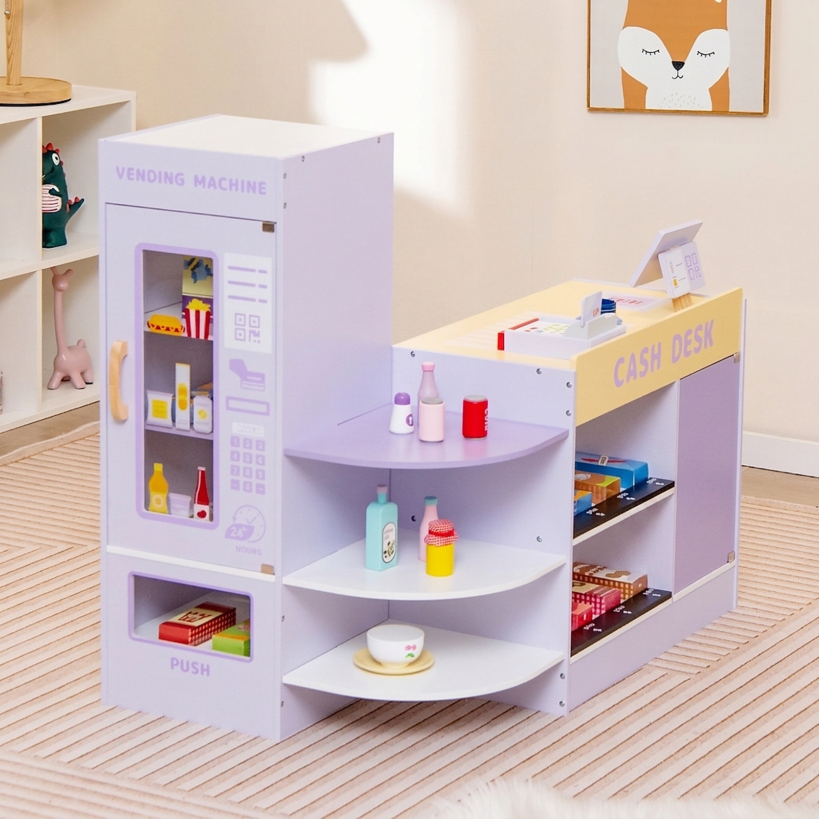 Kids Wooden Supermarket Playset Vending Machine Cash Register 13-pc Accessories 35-in Grocery Store Ages 3-8
