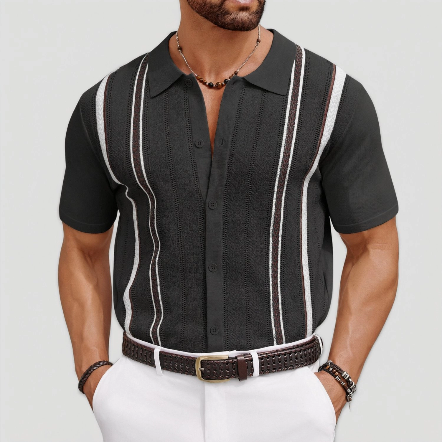 COOFANDY Mens Striped Short Sleeve Polo Shirt  Button Down Knit Casual Tops