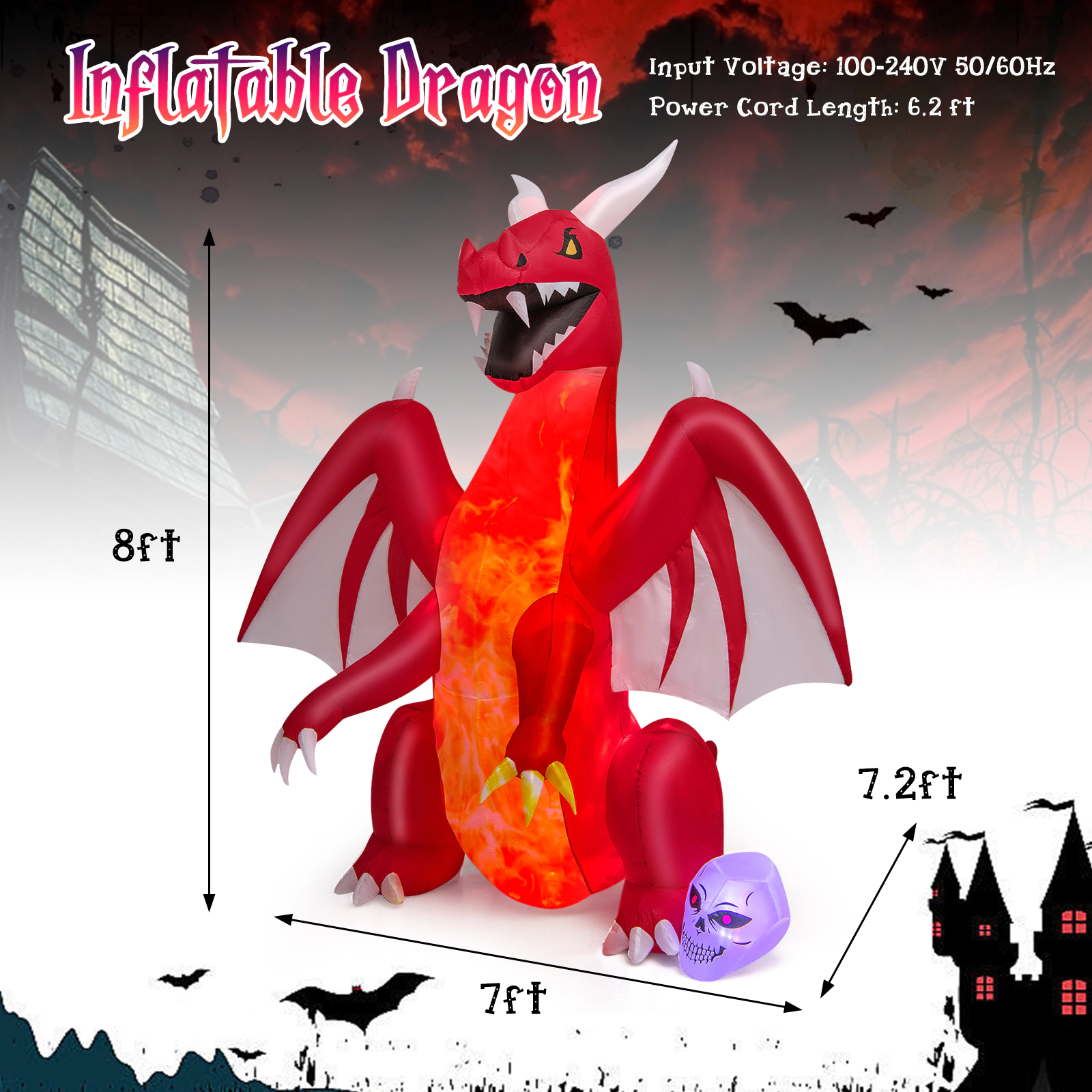 LJG 8 Feet Halloween Inflatables Blow-up Red Dragon with Wings Skull