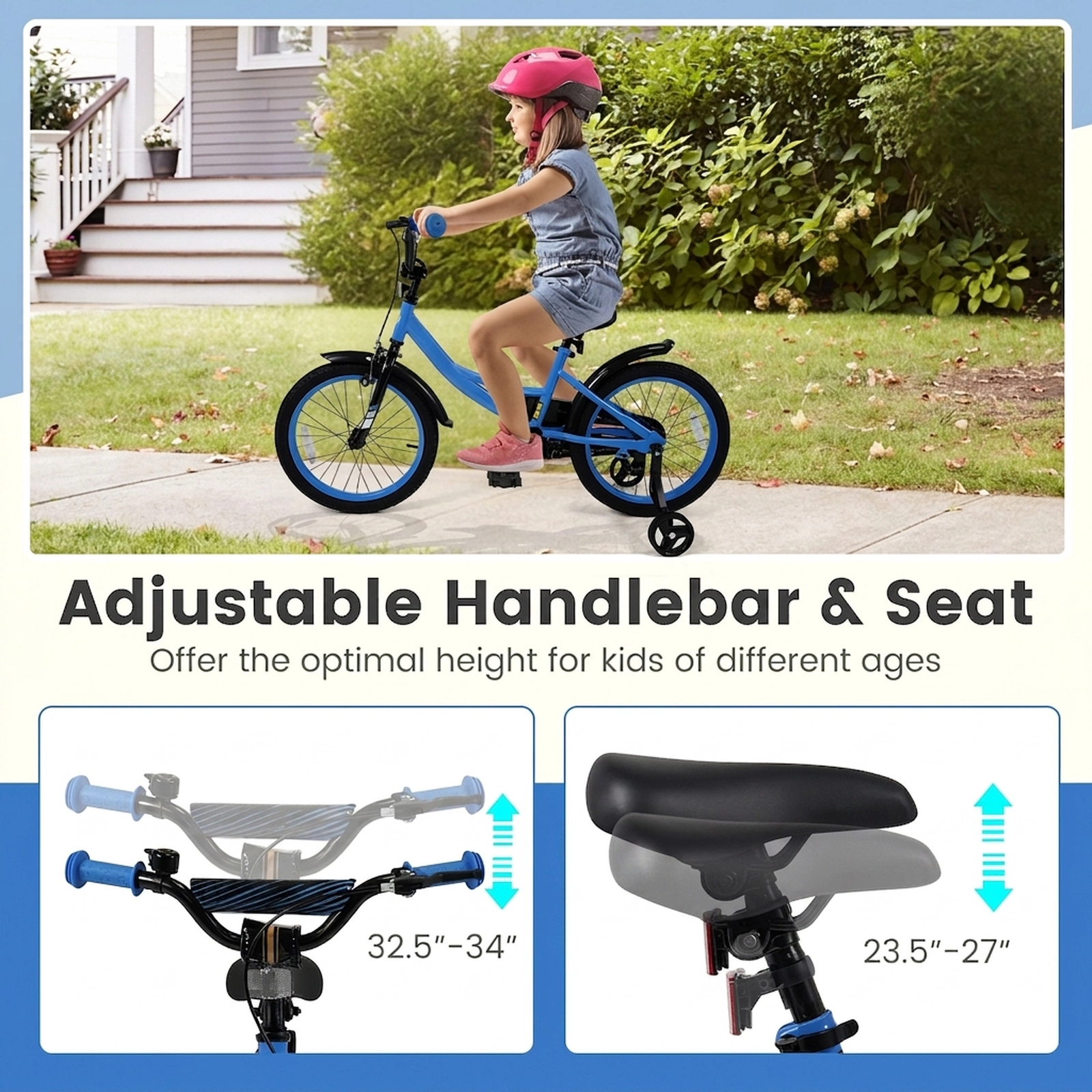 18-in Kids Bike Navy Ages 4-8 Detachable Training Wheels Adjustable Seat Kickstand and Reflectors 145-lb Seat Capacity