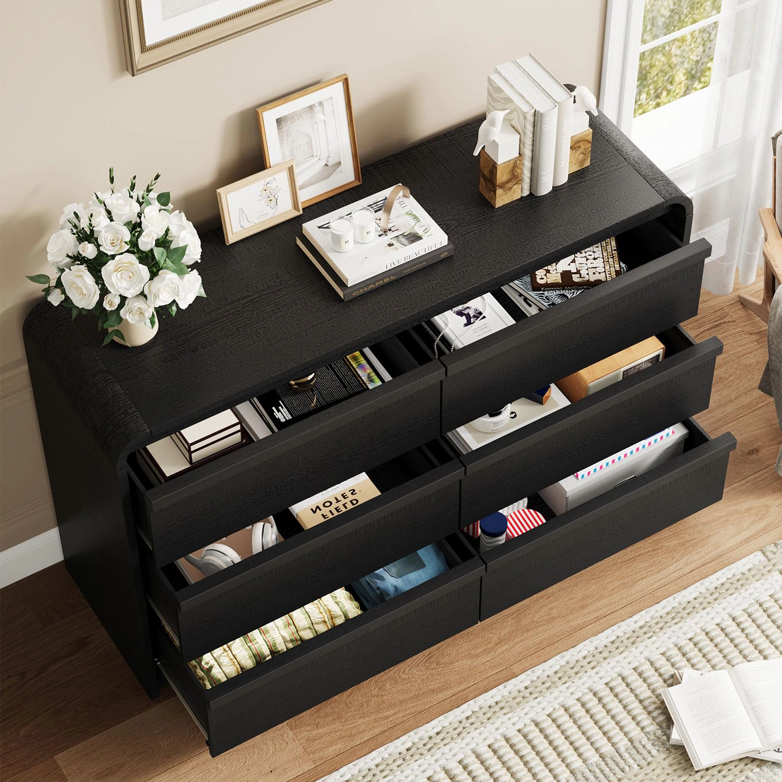 Arched 6 Drawer White Dresser, Modern Wood Storage Chest with Curved Design