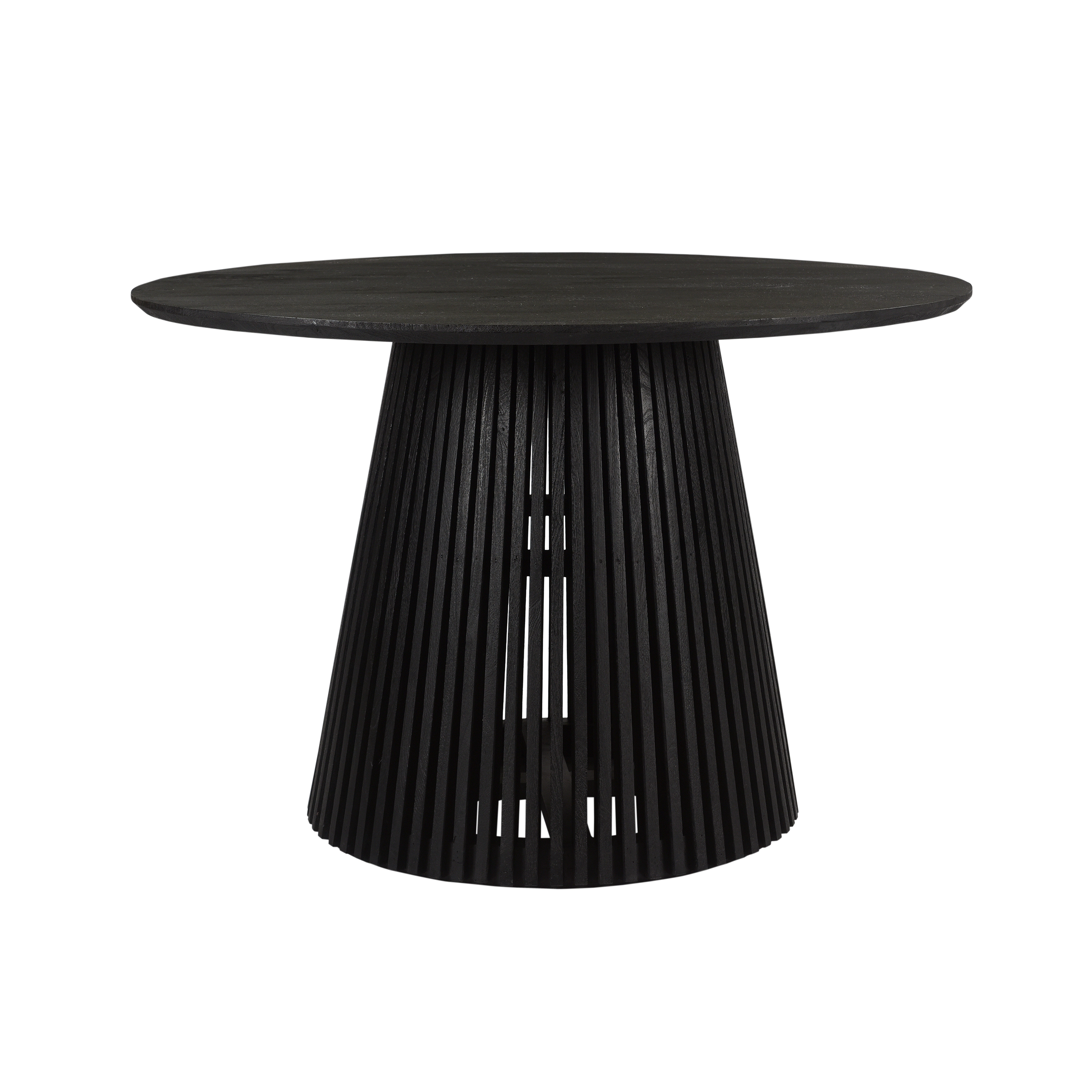 The Urban Port Ridge 47 Inch Handcrafted Mango Wood Round Dining Table, Slatted Flared Base, Black