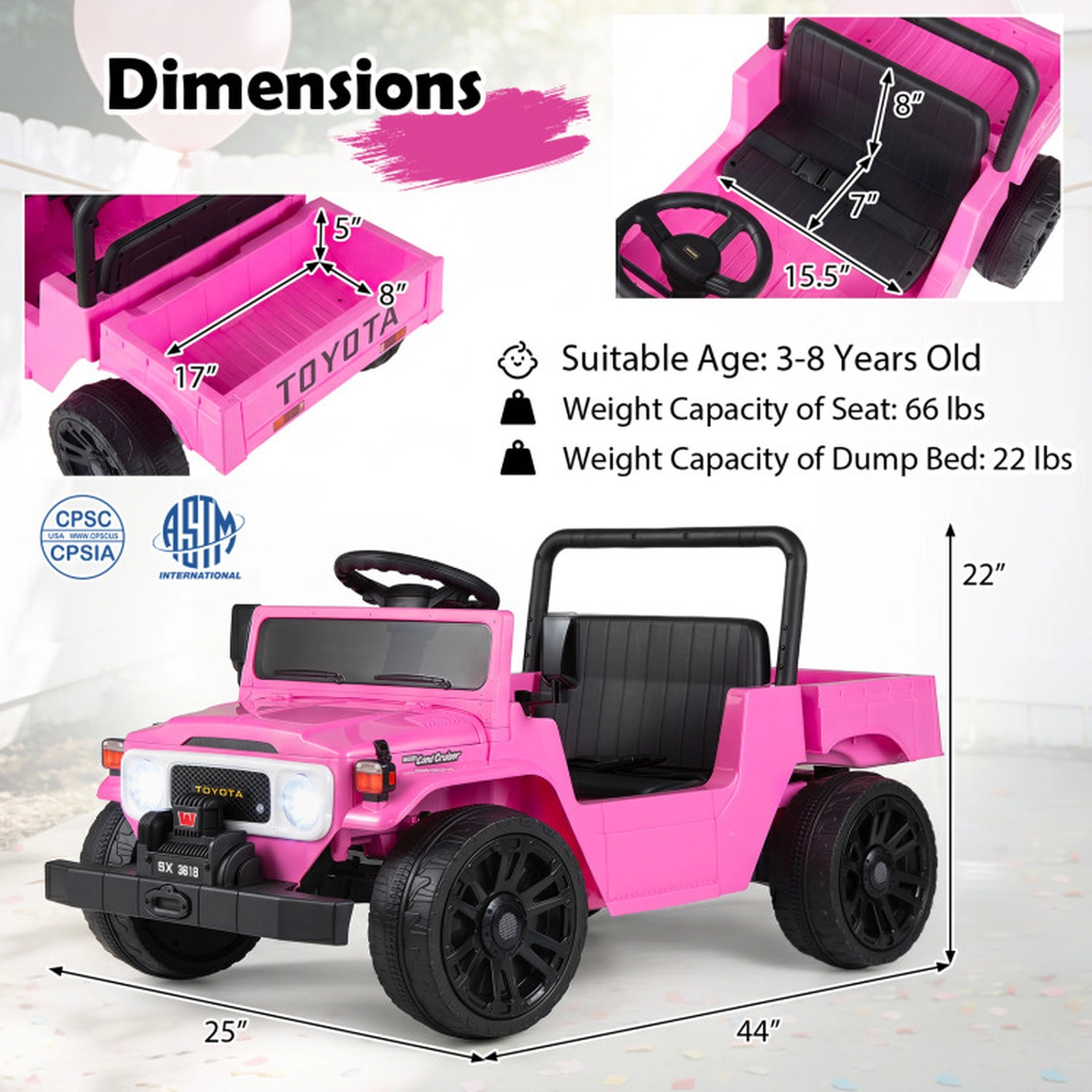 SUGIFT 12V Electric Ride On Truck with Remote Control, Electric Dump Bed & Music 66-lb Seat 22-lb Dump Bed Ages 3-6 Pink