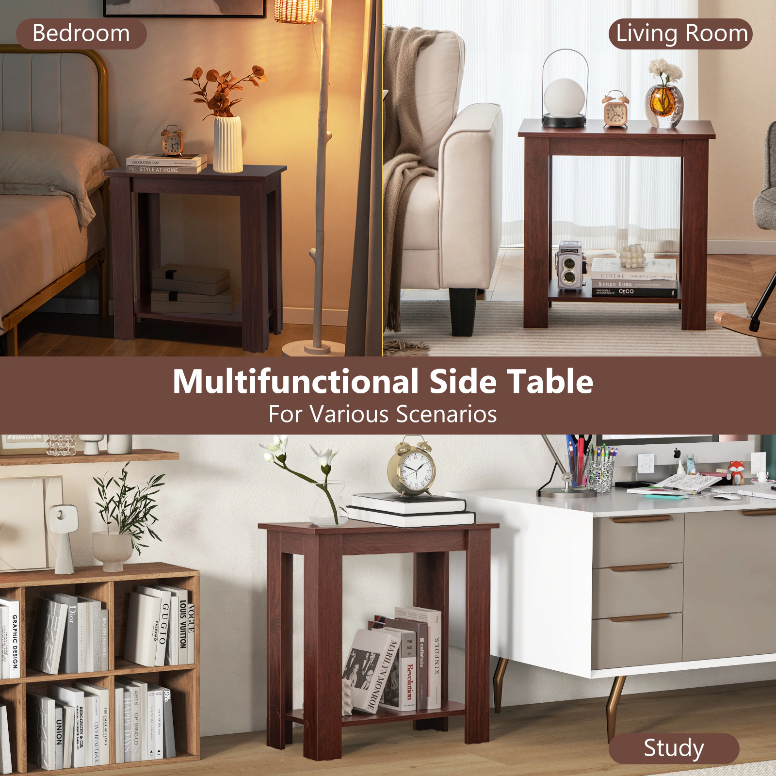 SUGIFT 2-Tier Modern Compact End Table with Storage Shelf 110-lb Tabletop 44-lb Shelf Capacity Brown
