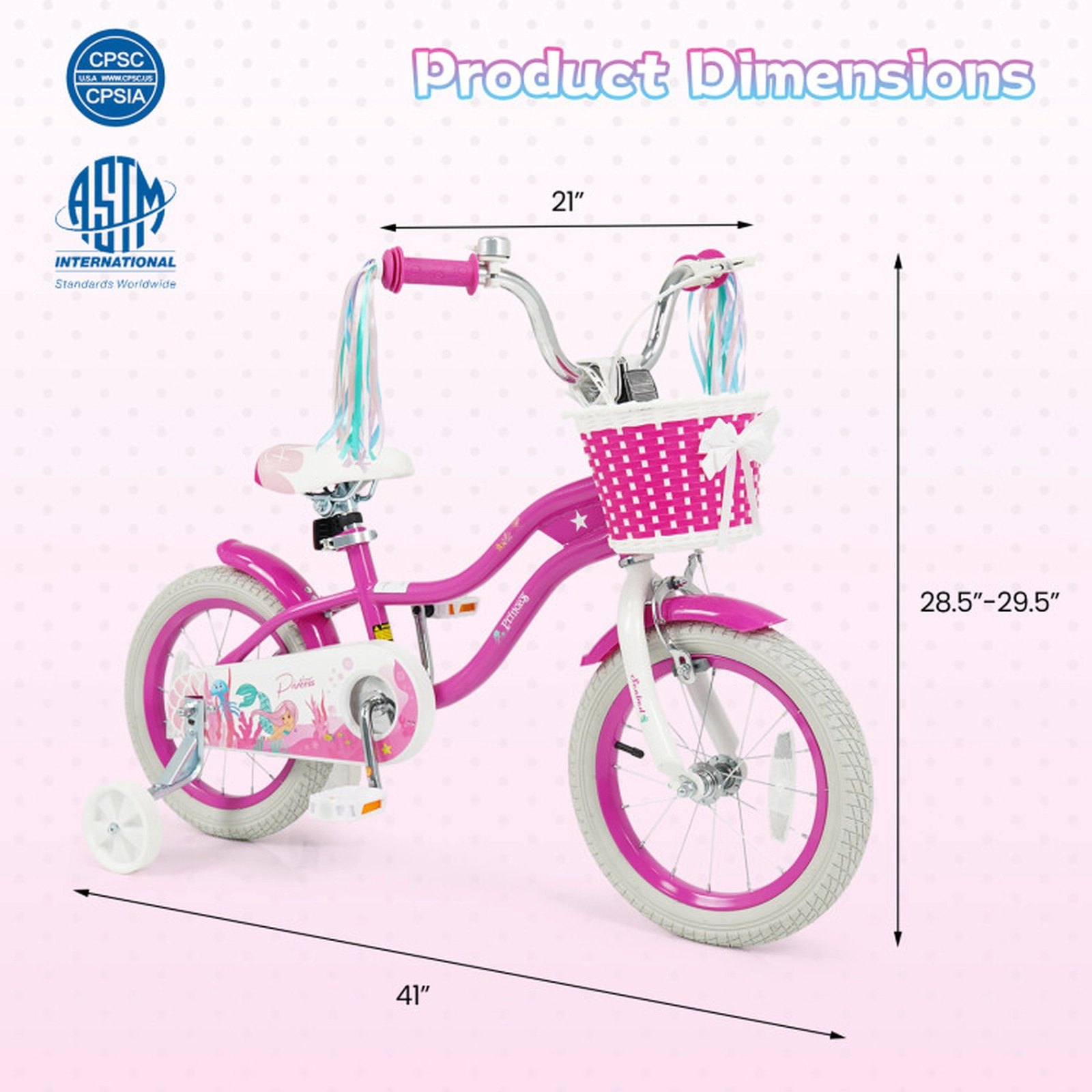 SUGIFT Rose Red Training Wheels Storage Basket Streamers and Mermaid Graphics Girls Bike