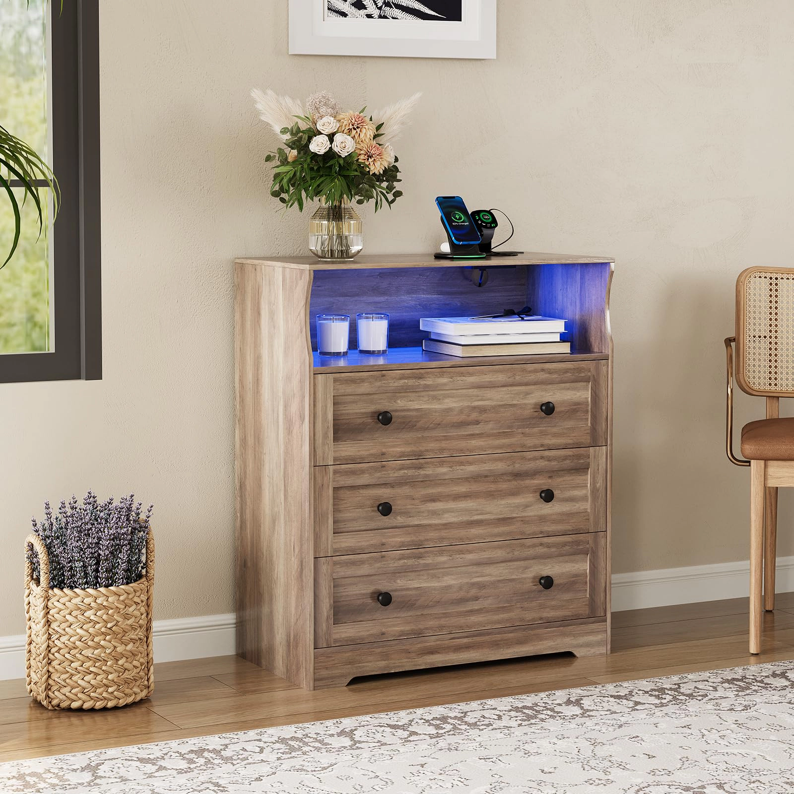 37.2" 3 Drawer Dresser with LED Lights & Charging Station, Wood Storage Chest Open Shelf
