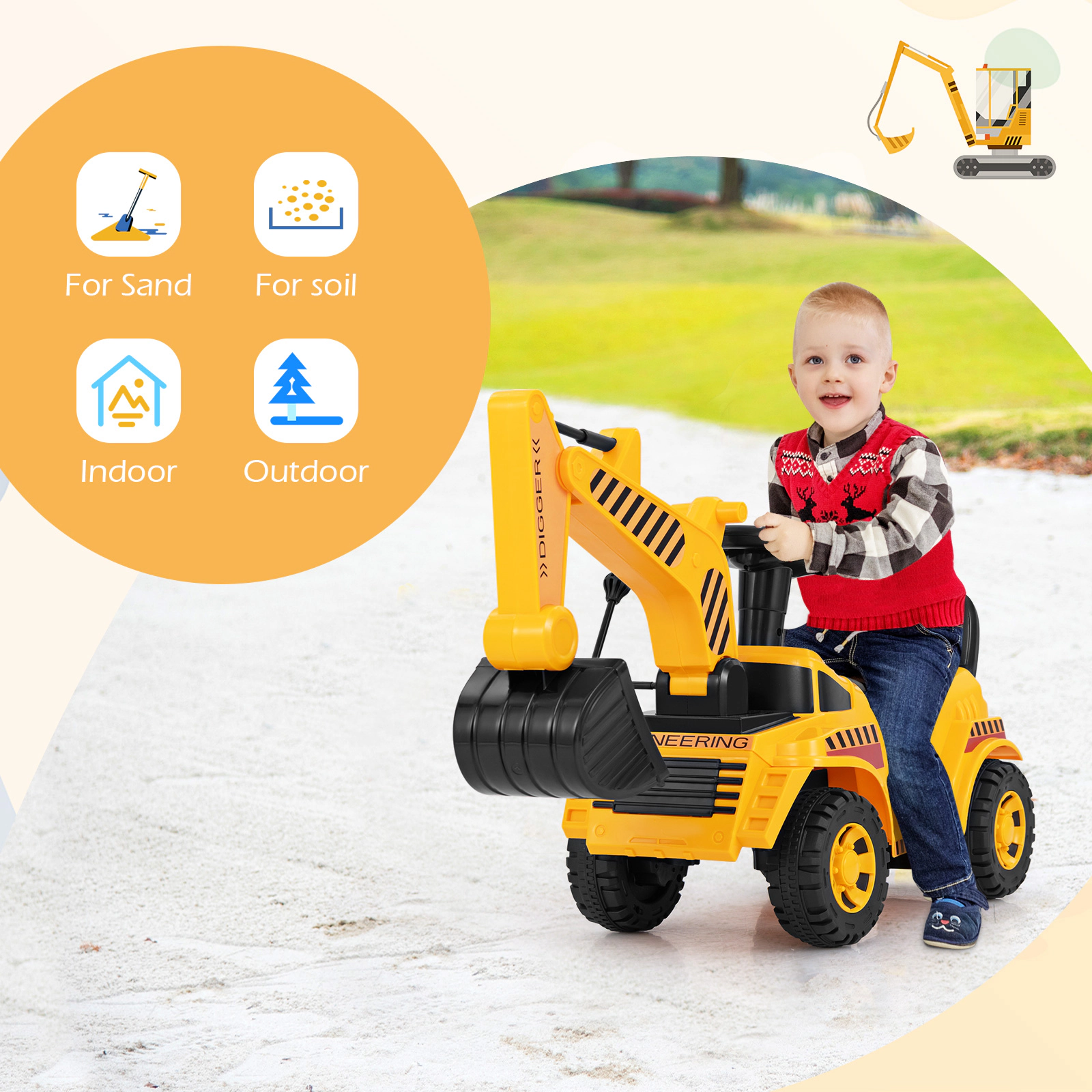 SUGIFT Yellow Adjustable Shovel Safety Helmet and Under Seat Storage Toddler Ride On Excavator