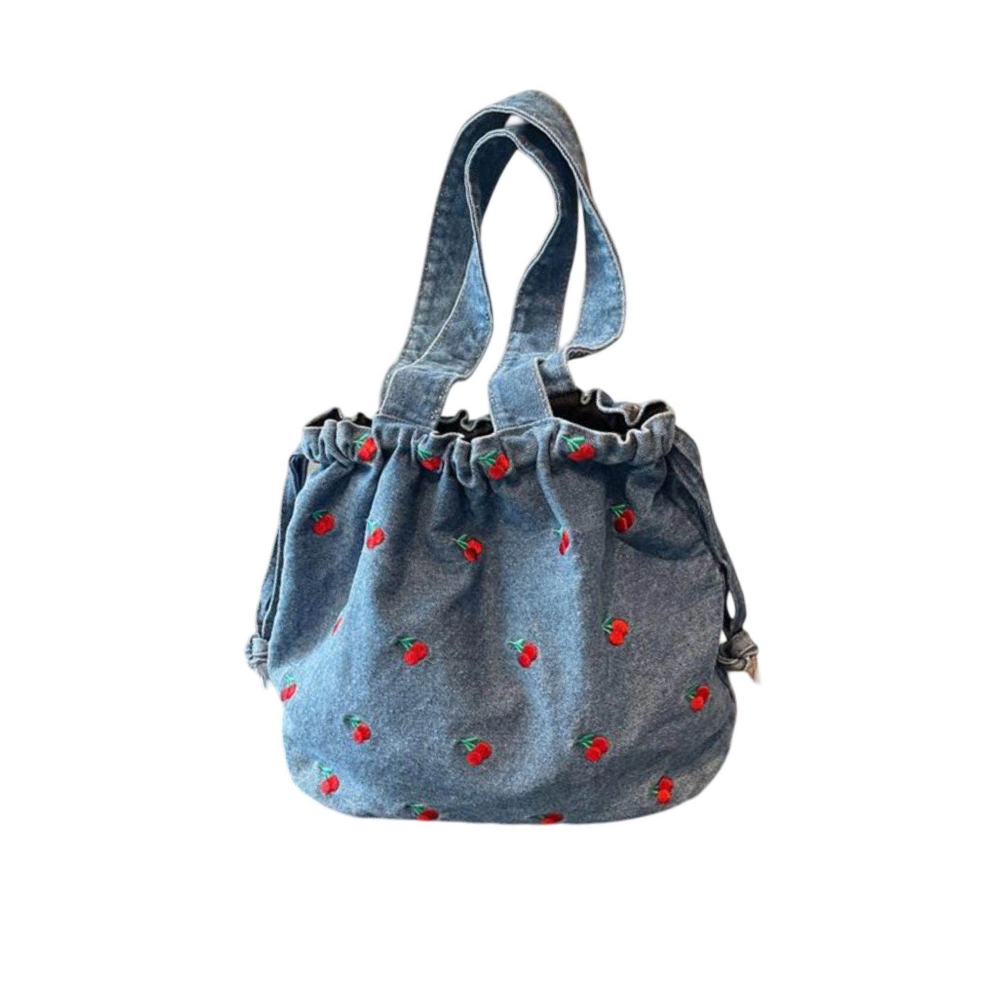 Alilang Women's Embroidered Cherry Denim Drawstring Bag with Fixed Shoulder Strap
