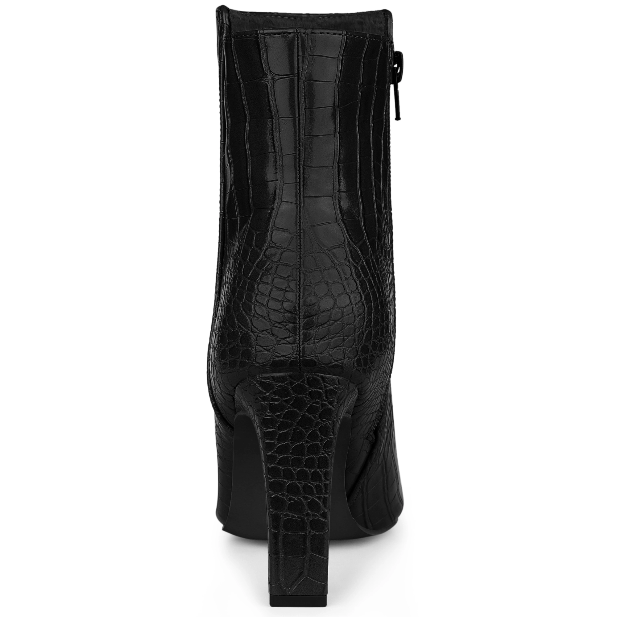 BLISSFUL STEP Women Printed PU Pointed Toe Chunky Heels Side Zipper Ankle Boots